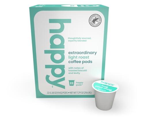 We Are Happy, LLC happy coffee light roast coffee pods, 22 count, notes of toasted biscotti and levity, compatible with most K-cup brewers, rainforest alliance certified
