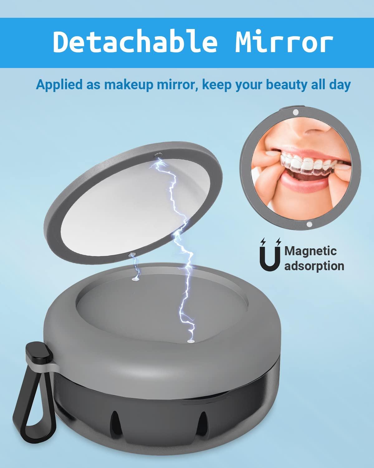 SEANCHEER Denture Bath Case, Denture Cup, Leak Proof Portable Retainer Case, Denture Cleaning Kit with Cleaner Brush, Denture Box with Strainer & Mirror, Denture Case for Aligner Retainer Mouth Guard