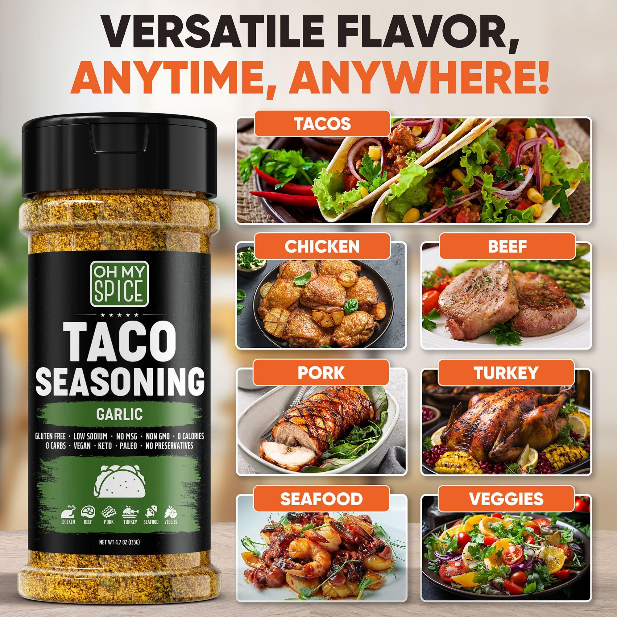 Oh My Spice Taco Seasoning Mix Garlic Powder - Gluten Free & Low Sodium Mexican Seasoning Blend for Taco Tuesday & Taco Night. Garlic and Herb Seasoning for Tacos & Fajita. Chicken & Fish Taco Toppings Mix. 4.7oz