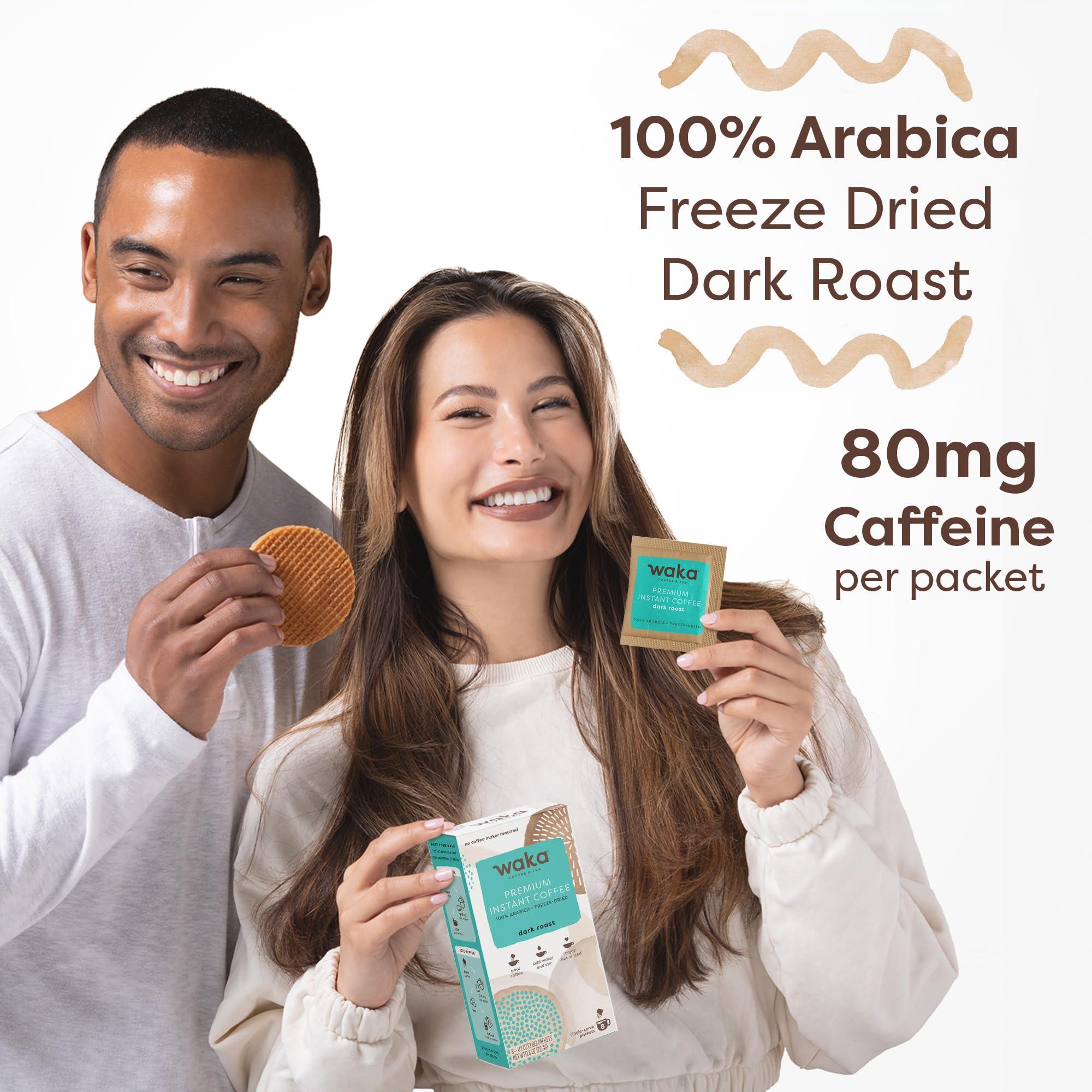 Waka Coffee Waka Instant Coffee, Dark Roast - 100% Arabica Beans, Freeze Dried Granules, No Additives - Single Serve Packets for Quick Hot and Iced Coffees (8 Individual Coffee Packets)