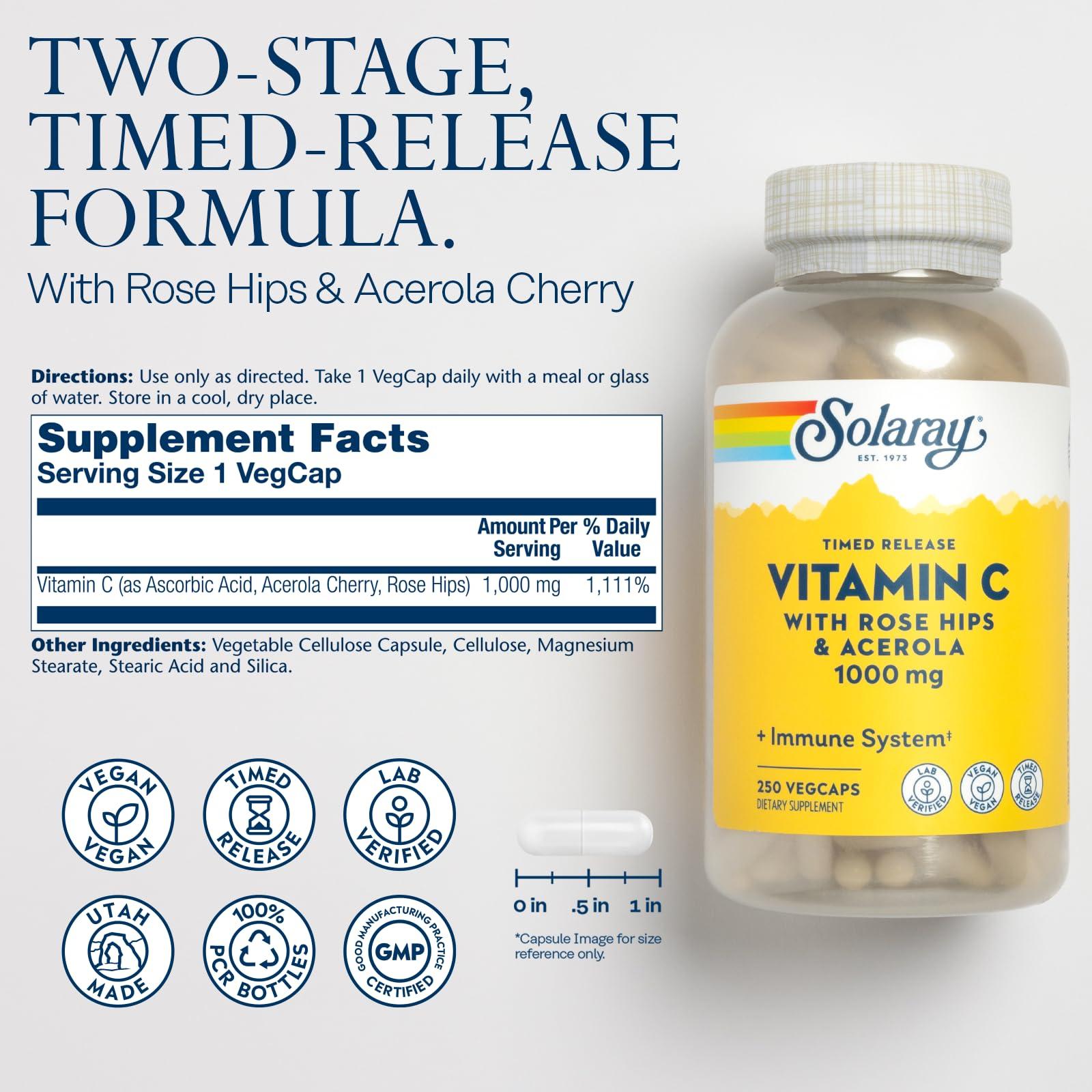 SOLARAY SOLARAY Vitamin C with Rose HIPS & Acerola | Two-Stage Timed-Release Formula | 1000mg | 24-Hour Immune Support & Antioxidant Supplement | 250 Ct.