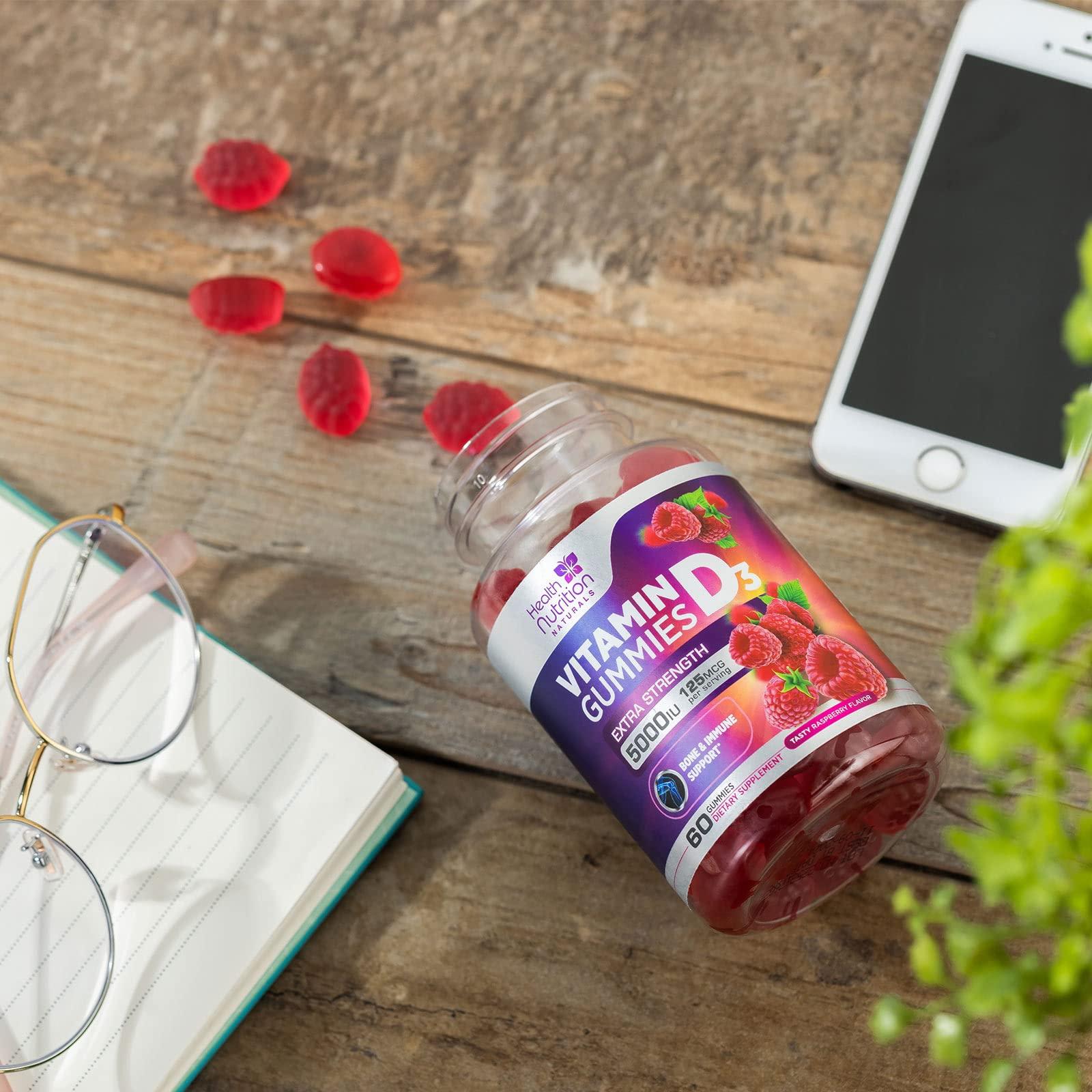Health Nutrition Naturals Vitamin D3 Gummies Extra Strength 5000 IU (125 mcg) - Bone, Teeth, Muscle & Immune Support Vitamin D Gummy Dietary Supplement, Nature\'s Berry Vitamin D Supplement, Non-GMO - 120 Gummies