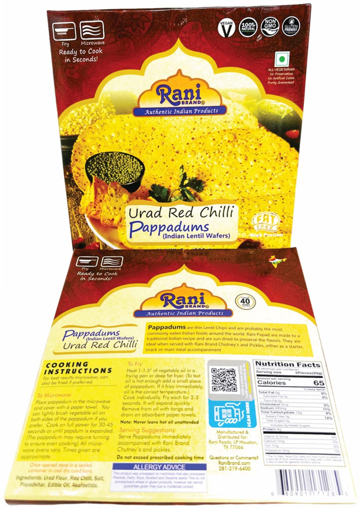 Rani Brand Authentic Indian Products Rani Pappadums (Indian Lentil Wafer Snack) Red Chilli Papad 7oz (200g) Approximately 15pc, 7 inches, Pack of 2 ~ All Natural | Gluten Friendly | NON-GMO | Vegan | Indian Origin