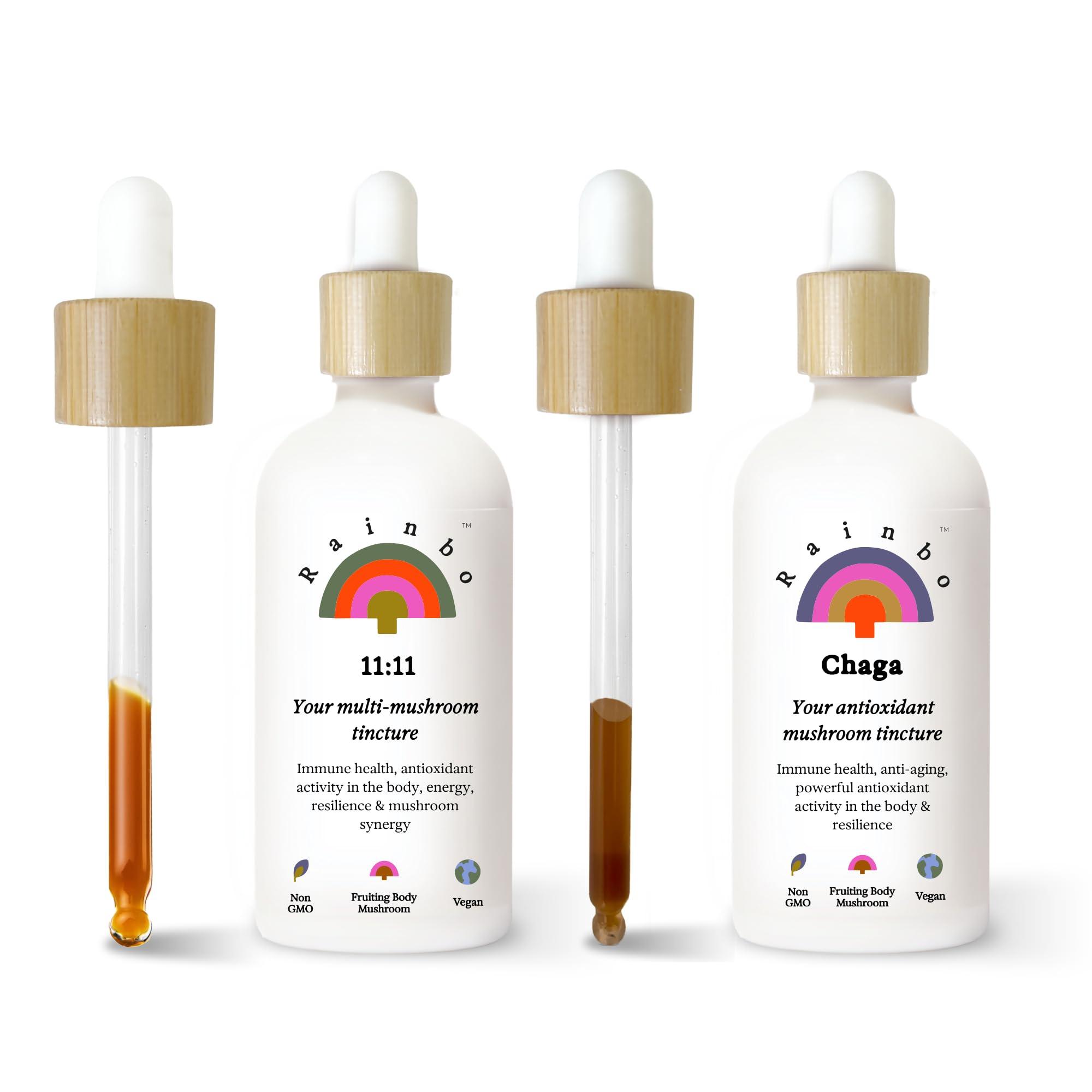 Rainbo Rainbo Mushroom Bundle, 11:11 Multi Mushroom Extract + Chaga Mushroom Tincture, Dual Extract Daily Mushroom Tinctures for Comprehensive Immune Support, Vegan Liquid Mushroom Supplements