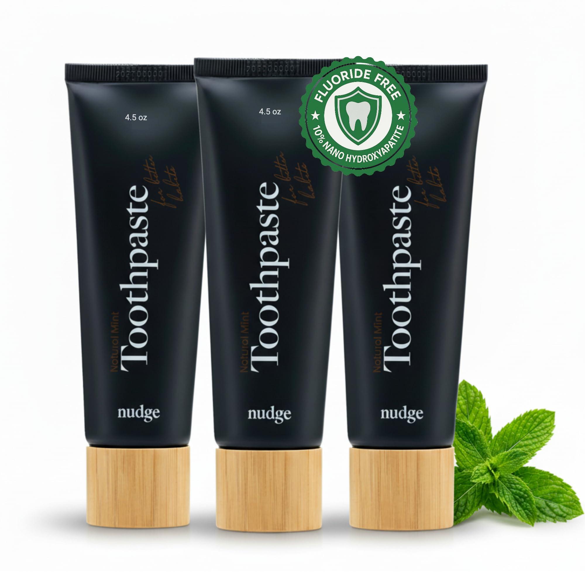 Nudge Nudge Nano Hydroxyapatite Toothpaste with Vitamin E, Fluoride-Free, SLS Free, Remineralizes & Whitens, Enamel Protection, Plaque Control, Ideal for Dry Mouth & Sensitive Teeth, Mint 4 oz (Pack of 3)