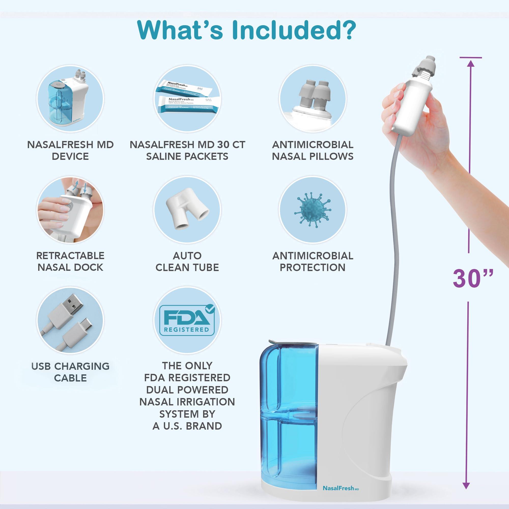 SPA SCIENCES NASALFRESH MD - Dual Powered Nasal Irrigation System Nasal Rinse and Wash - Sinus Decongestant Relief System w/ 30 Saline Packets - Rechargeable - Snoring Remedy