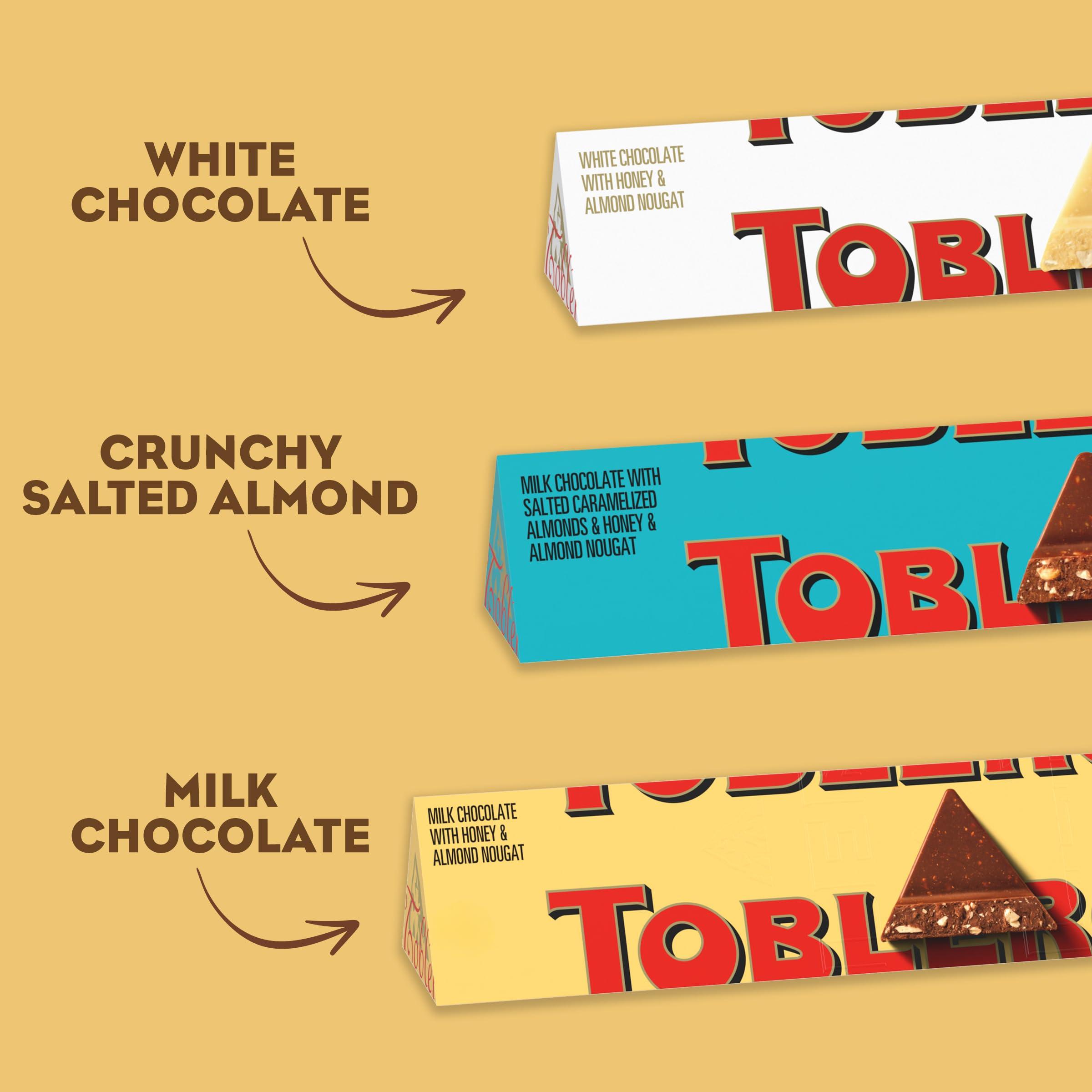 Toblerone Toblerone Chocolate Gift Box (Milk Chocolate, White Chocolate, & Milk Chocolate with Salted Caramelized Almonds Chocolate Bars), Valentines Day Chocolate Candy, 9 - 3.52 oz Bars