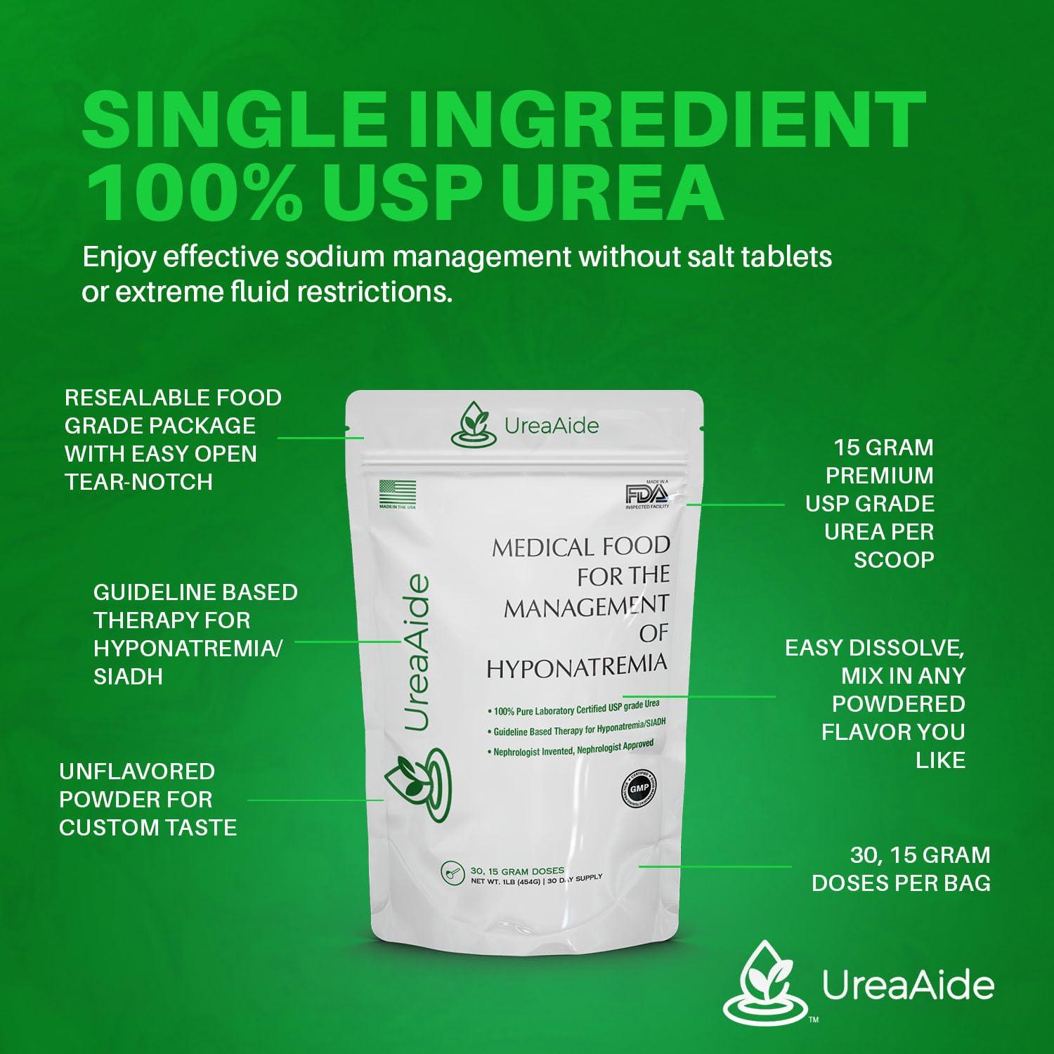 KidneyAide UreaAide Urea Powder for Low Sodium Unflavored 30 Servings Oral Urea Powder for Hyponatremia-Single Ingredient 100% Medical Grade Urea with 15 gram Dose Scoop Mixes with Flavored Drinks by KidneyAide