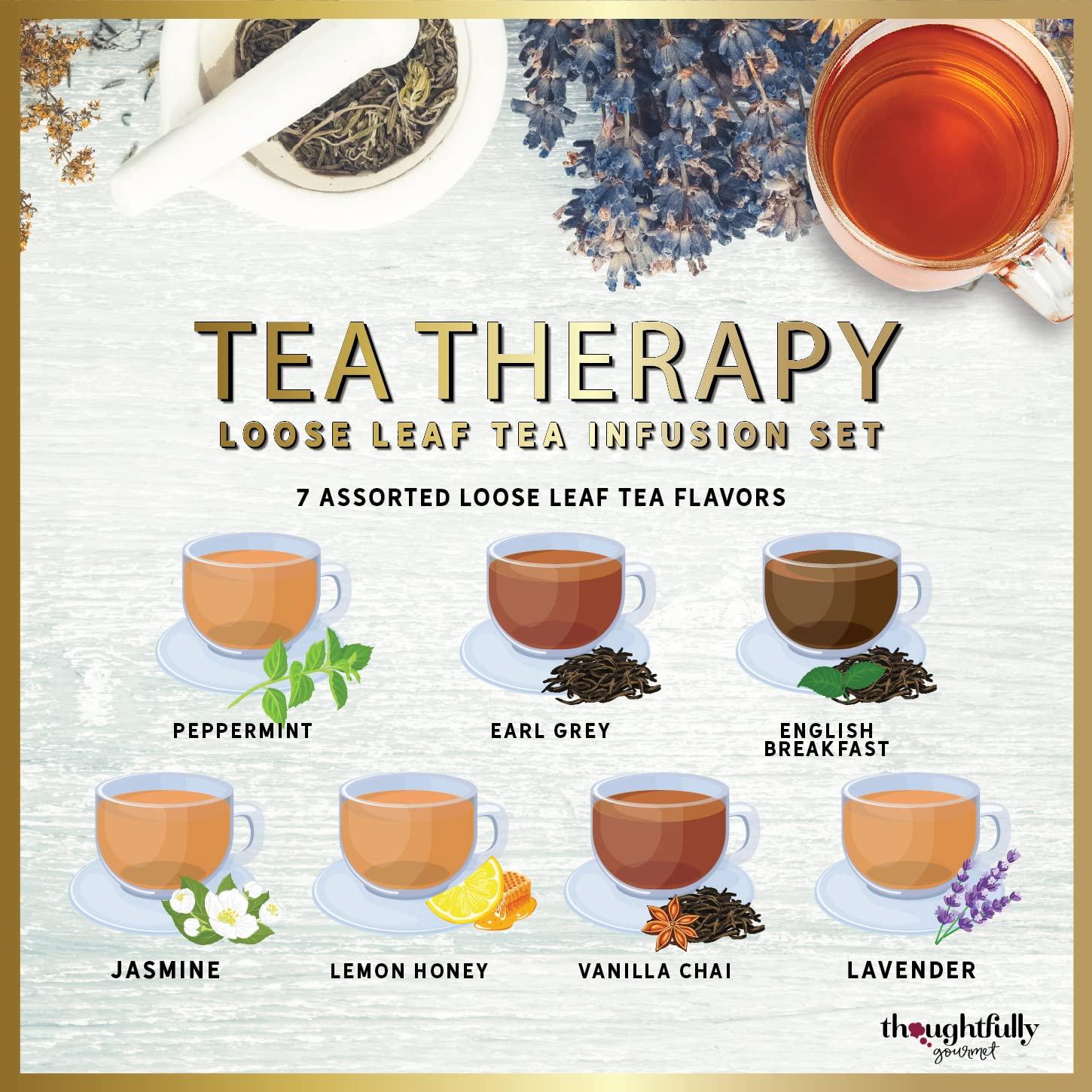 Thoughtfully Thoughtfully Gourmet, Tea Therapy Infusion Gift Set, 7 Unique Flavors and Reusable Copper Ball Infuser, Loose Leaf Tea Set Flavors Include Peppermint, Jasmine, Vanilla Chai and More, Set of 7