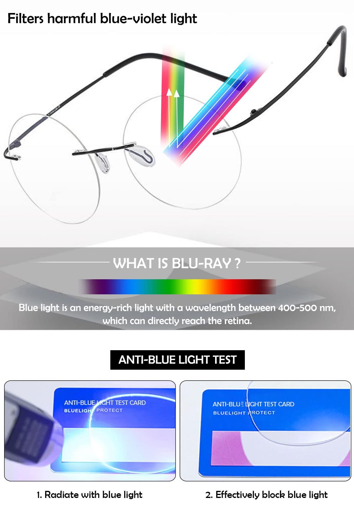 KOOSUFA KOOSUFA Titanium Rimless Round Reading Glasses 1.5 Blue Light Blocking Eyeglasses Readers Frameless Lightweight Eyewear for Men Women, Black+golden+silver