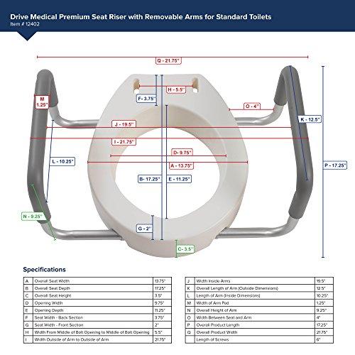 Drive Medical Drive Medical 12402 Premium Raised Toilet Seat with Removable Metal Arms, Standard Seat, White