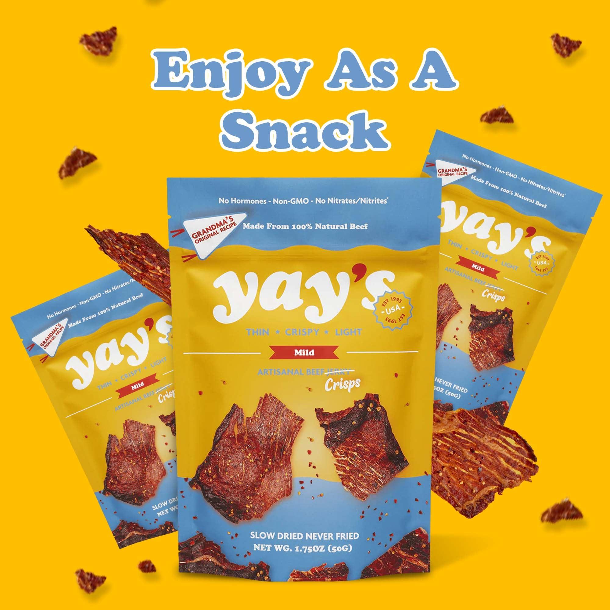 Yay\'s Yay\'s Snacks Sweet and Spicy Beef Crisps | Crispy, Crunchy, High Protein Snacks | Mild Beef Jerky with 24G Protein Snacks Per Bag | Healthy Meat Snacks Non-GMO, USA Made - 3 Packs (1.75 Oz Each)