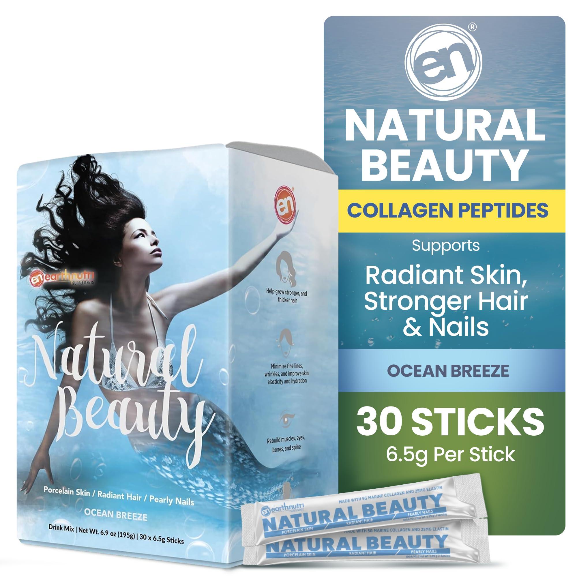 EarthNutri EarthNutri Marine Collagen Peptides Powder Supplement for Skin, Hair & Nails Enhances Skin Elasticity & Hydration Hydrolyzed Collagen 5000mg per Serving Non-GMO Ocean Breeze (30 Sticks Pack)