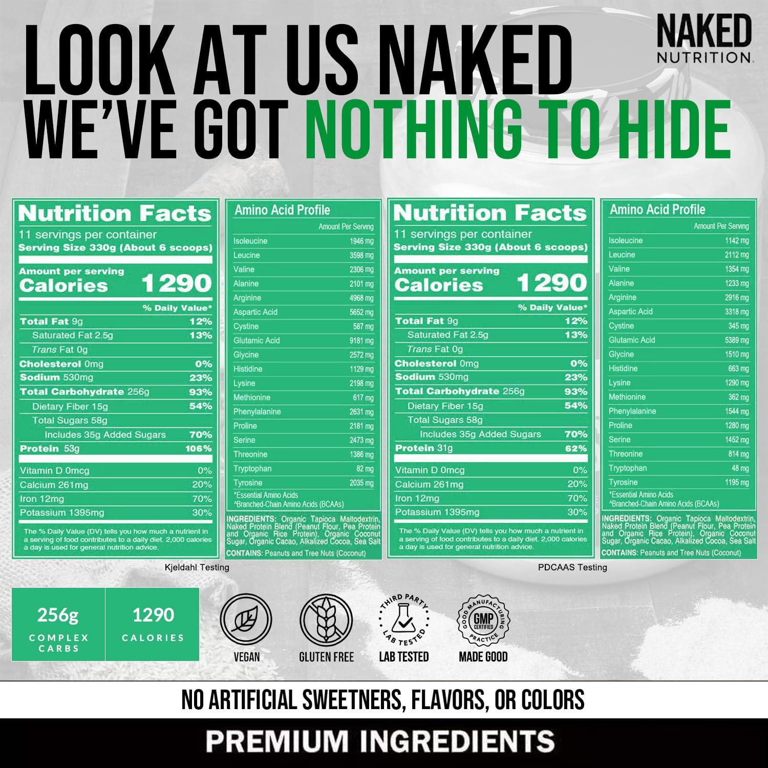 NAKED NAKED Chocolate Peanut Butter Vegan Mass - 1,290 Calories, Nothing Artificial, All Natural Chocolate PB Weight Gainer Protein Powder - 8LB Bulk, GMO Free, Gluten Free & Soy Free - 11 Servings