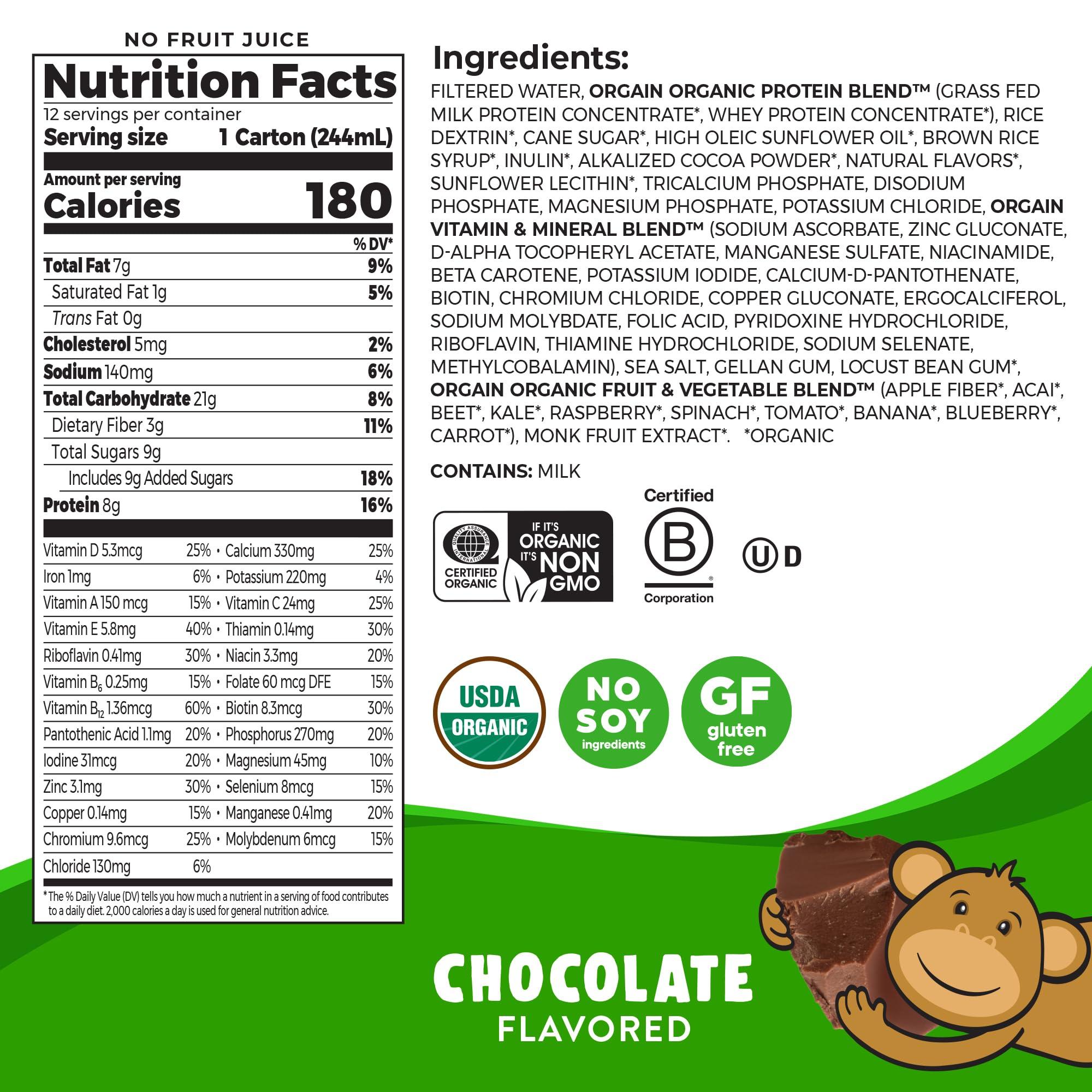 Orgain Orgain Organic Kids Nutritional Protein Shake, Chocolate, Healthy Kids Snacks, 8g Dairy Protein, 3g Fiber, 22 Vitamins & Minerals, No Soy Ingredients, Gluten Free, Non-GMO, 8.25 Fl Oz (Pack of 12)