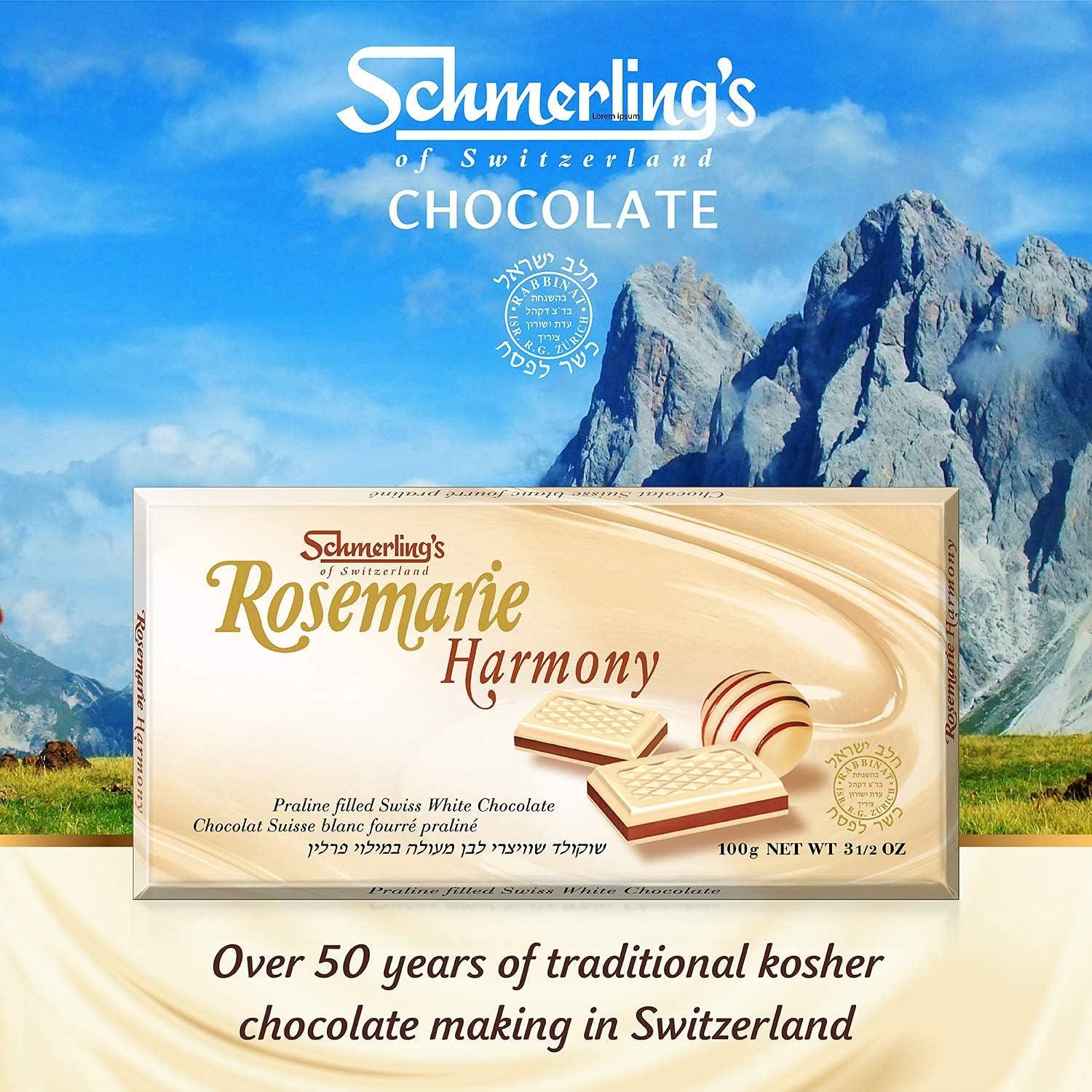 SCHMERLING'S Schmerling\'s Rosemarie Harmony White Chocolate - Premium Swiss White Chocolate Bars - Praline Filled - GMO Free - Kosher For Passover OU - 3.5oz Each (Pack of 2)
