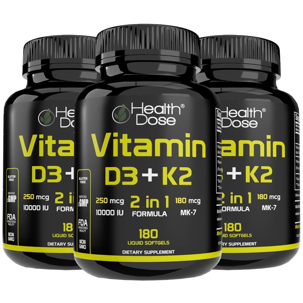 Health Dose Health Dose Vitamin D3 10,000 IU + K2 (MK7) Supplement, 2-in-1 Formula, Immune Support, a Healthy Mood, Heart, Joint, Teeth, Bone Health, Calcium Absorption, 180 softgels. (3)