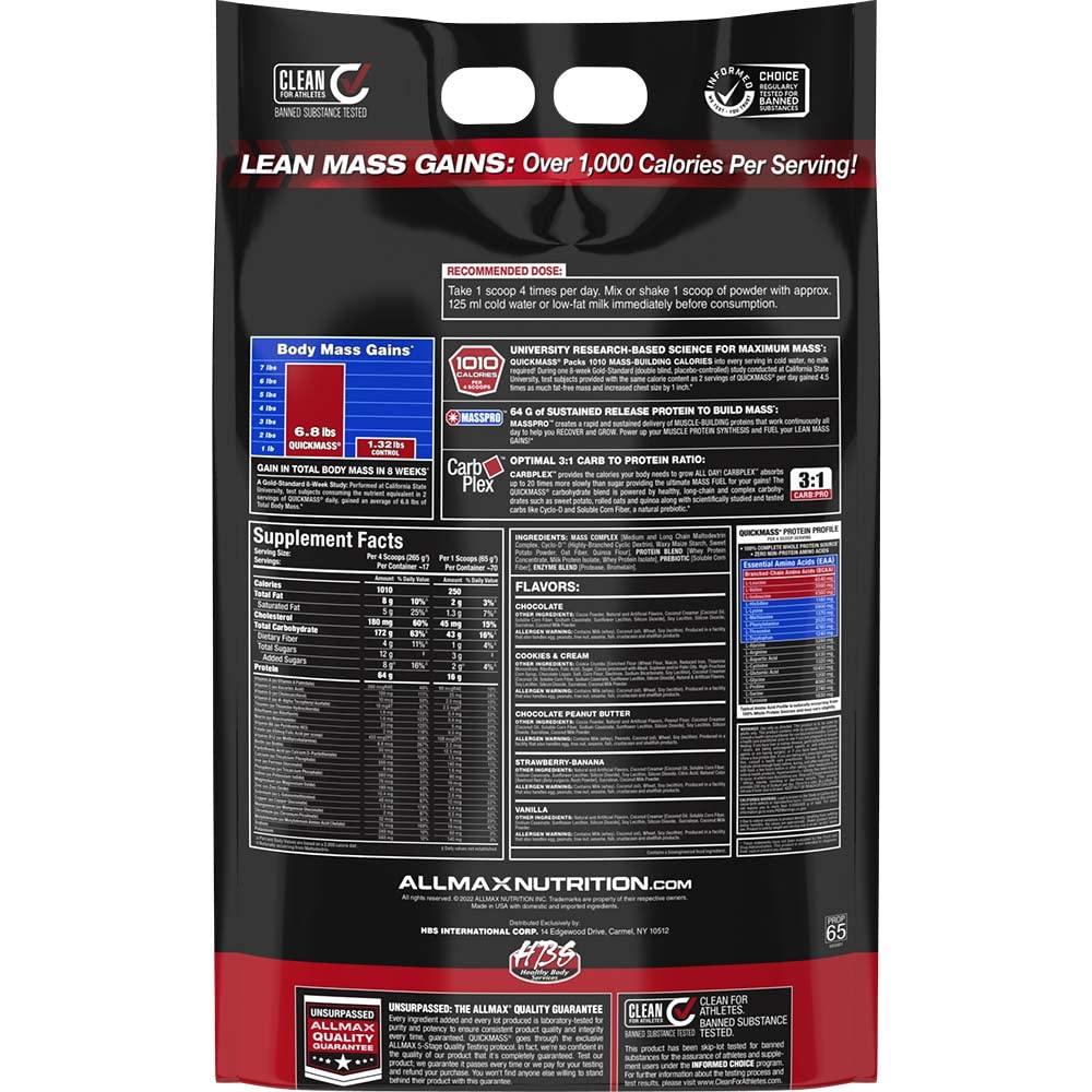 ALLMAX Nutrition ALLMAX QUICKMASS, Chocolate - 10 lb - Rapid Mass Gain Catalyst - Up to 64 Grams of Protein Per Serving - 3:1 Carb to Protein Ratio - Zero Trans Fat - Up to 70 Servings