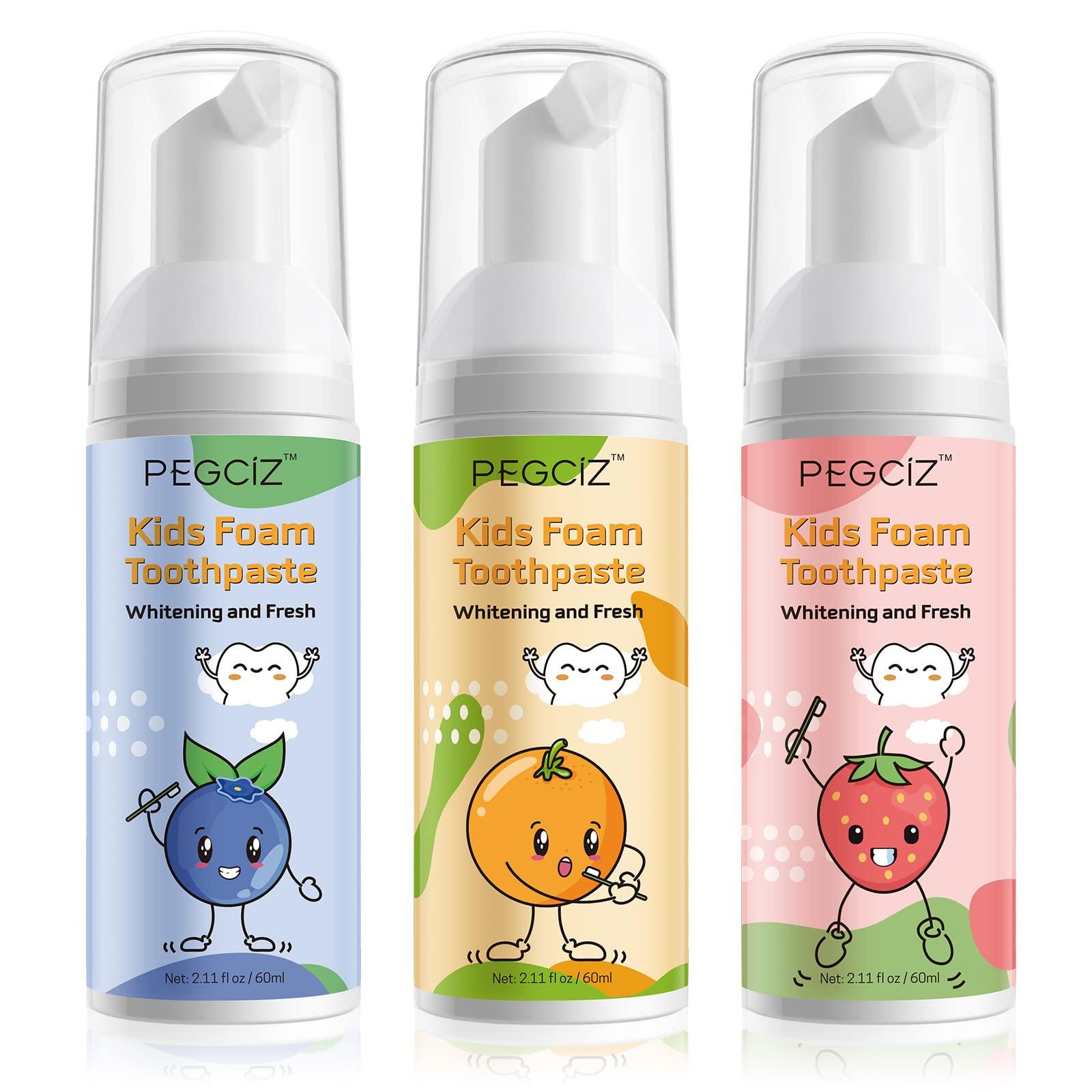 Pegciz Foam Toothpaste Kids with Fruit Flavor, Toddler Toothpaste with Low Fluoride for U Shaped Toothbrush, Foaming Toothpaste and Mouthwash for Dental Care for Children (Blueberry+Strawberry+Orange)