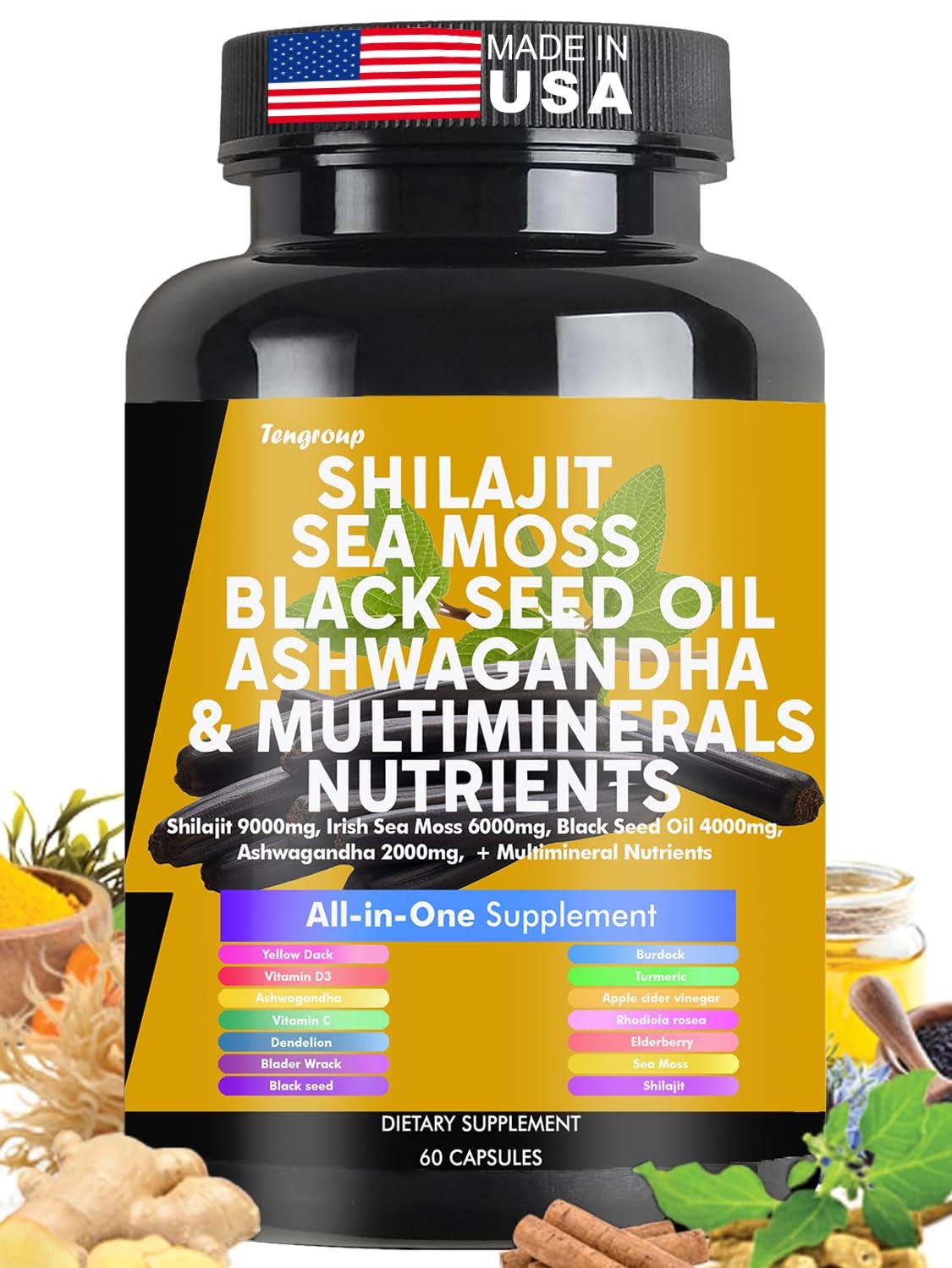 Tengroup Shilajit 9000mg Sea Moss 6000mg Black Seed Oil 4000mg Ashwagandha 2000mg Burdock 1000mg & Vitamin C & D3 with Elderberry rhodiola rosea Dandelion Yellow Dock Turmeric ACV