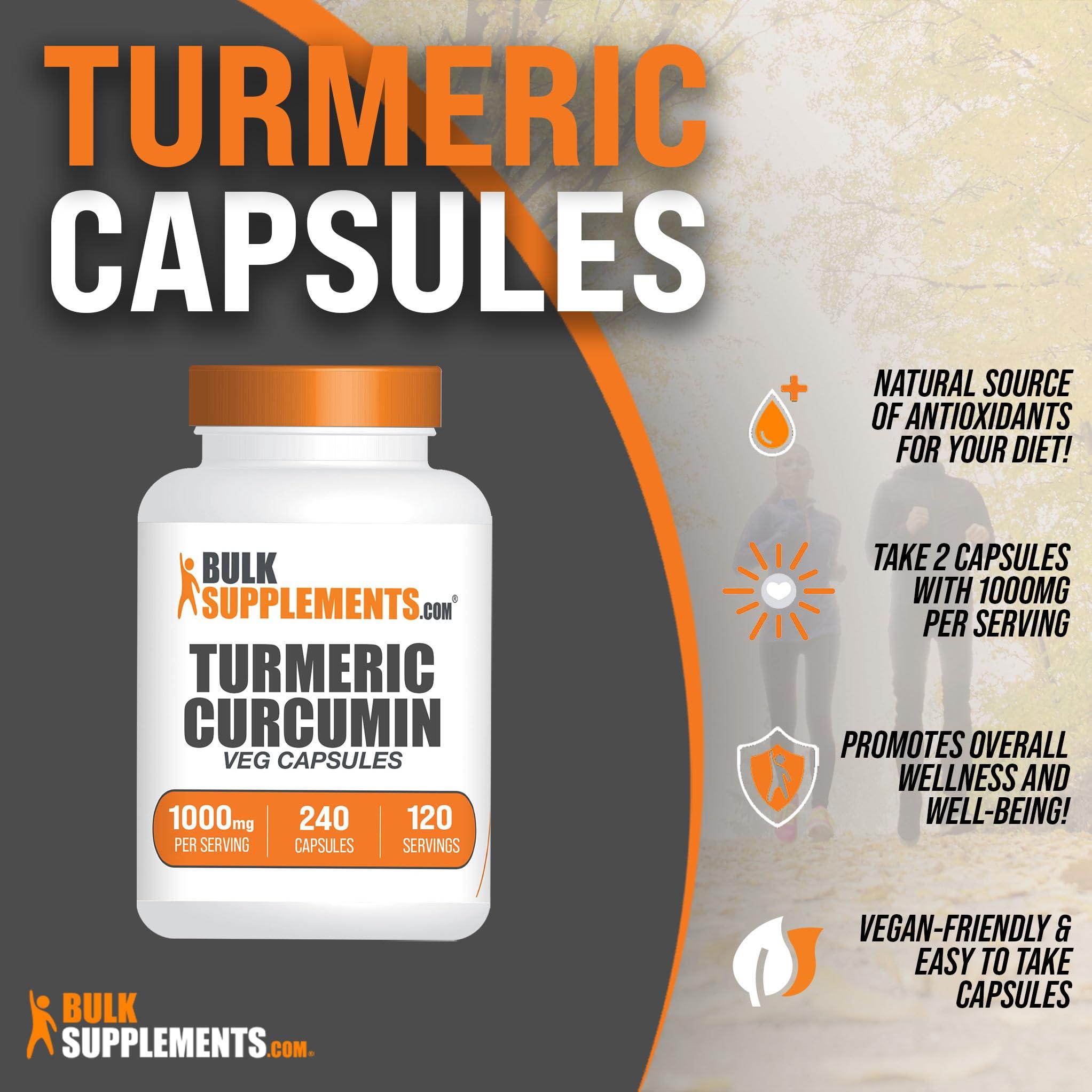 BULKSUPPLEMENTS.COM BulkSupplements.com Turmeric Extract Capsules - Turmeric Supplement, Turmeric Curcumin Supplement 1000mg - Gluten Free, 2 Capsules per Serving, 240 Veg Capsules (Pack of 1)