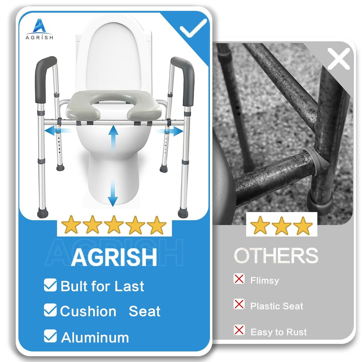 Agrish Agrish Raised Toilet Seat with Handles - Width and Height Adjustable Padded Toilet Seat Risers for Seniors, Bariatric, Handicap, Heavy Duty 350lbs Raised Toilet Seat, Fit Any Toilet
