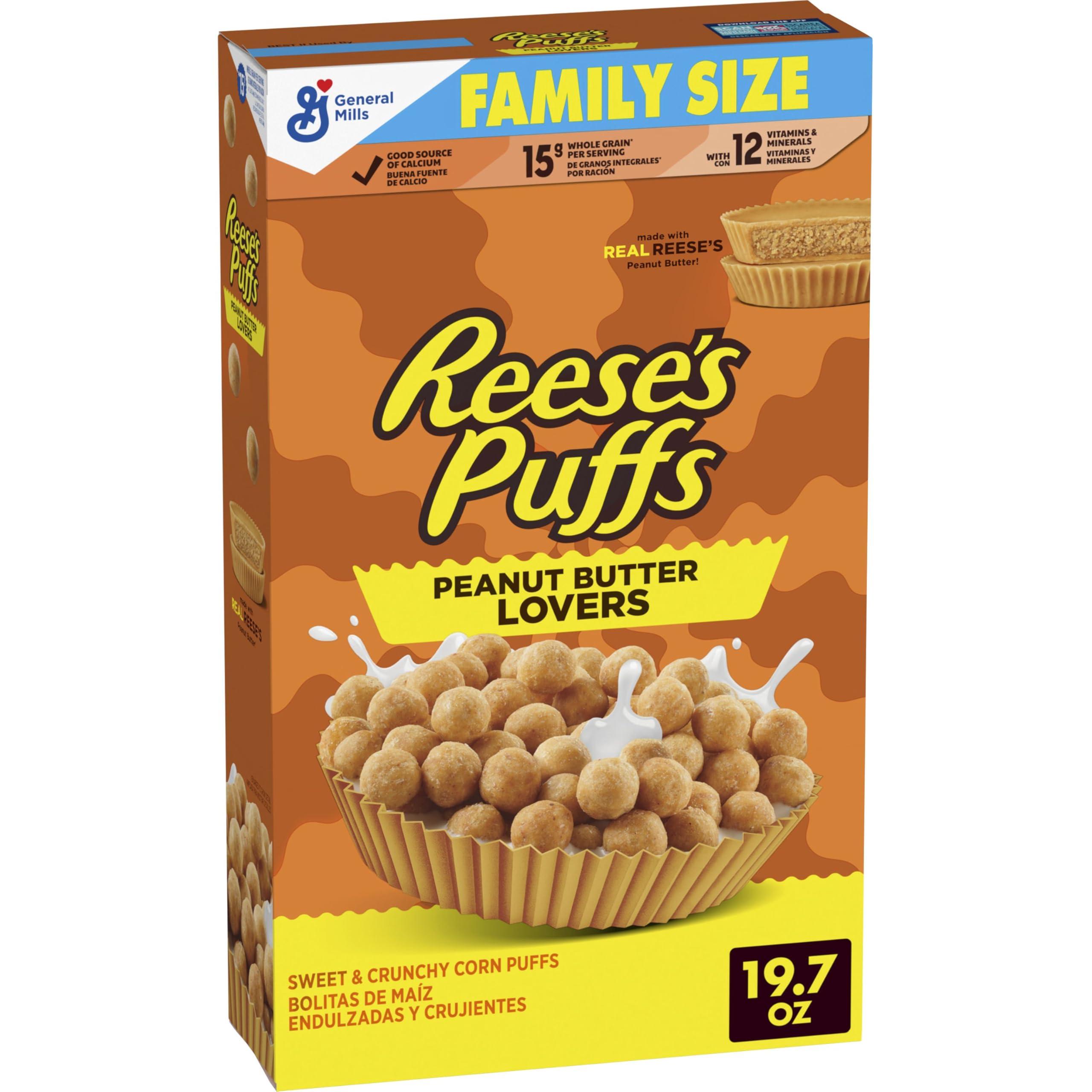 Reese\'s REESES PUFFS Peanut Butter Lovers Breakfast Cereal, Made with Whole Grain and Real REESES Peanut Butter, Family Size, 19.7 oz