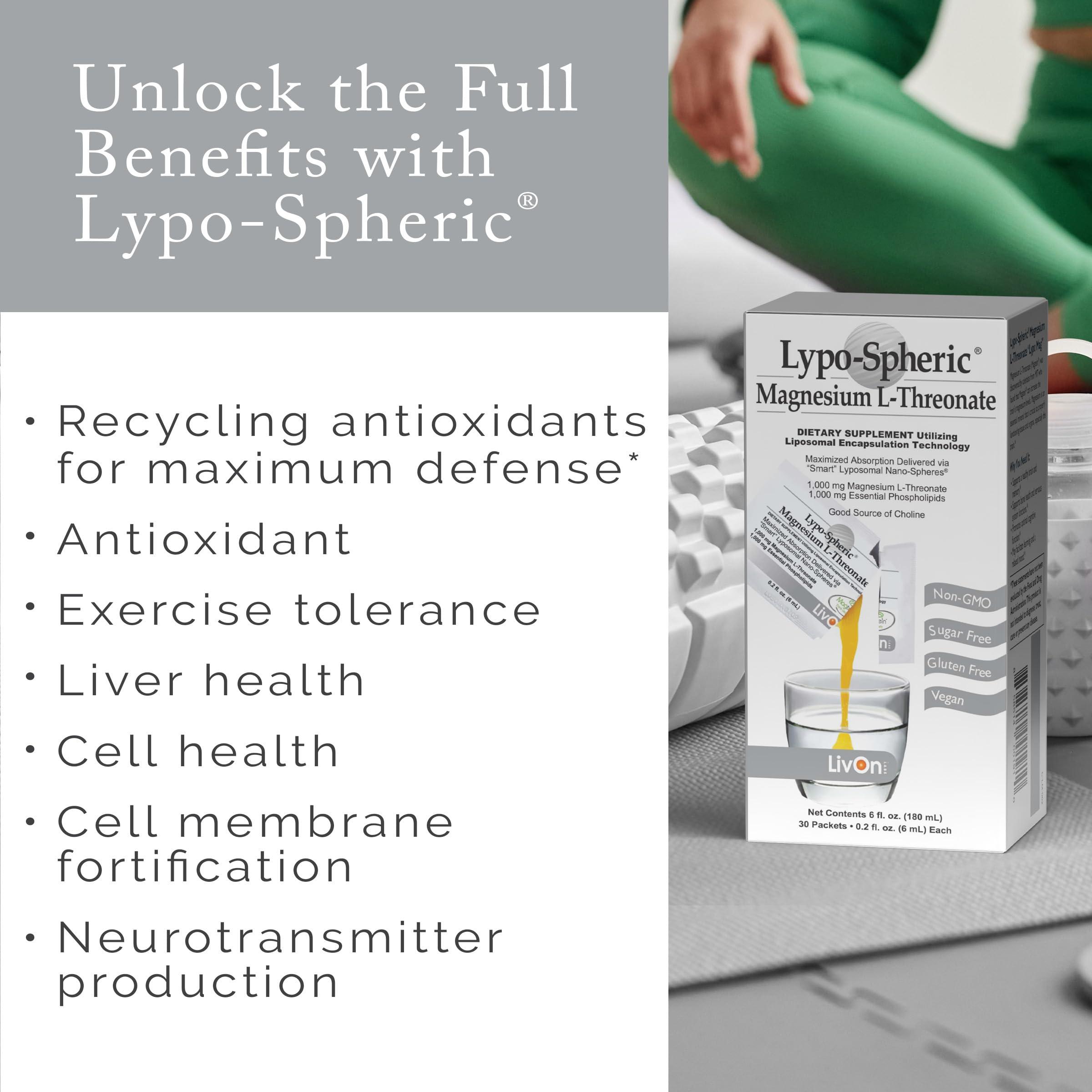 LivOn Laboratories LivOn Laboratories Lypo-Spheric Magnesium L-Threonate - 30 Packets - 77mg Per Packet - Liposome Encapsulated for Maximum Bioavailability - Professionally Formulated - 100% Non-GMO