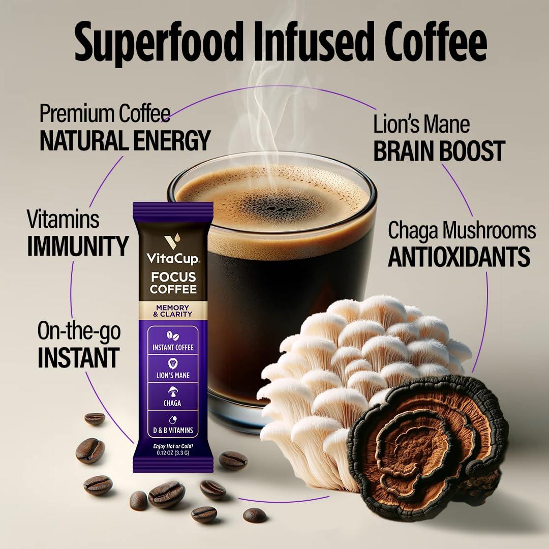 VitaCup VitaCup Focus Mushroom Coffee Instant Packets, for Memory & Clarity Support, w/Fiber, Chaga, Lions Mane, D3, B Vitamins, Medium Roast, 100% Arabica & Robusta Coffee in Single Serve Sticks, 24 Ct