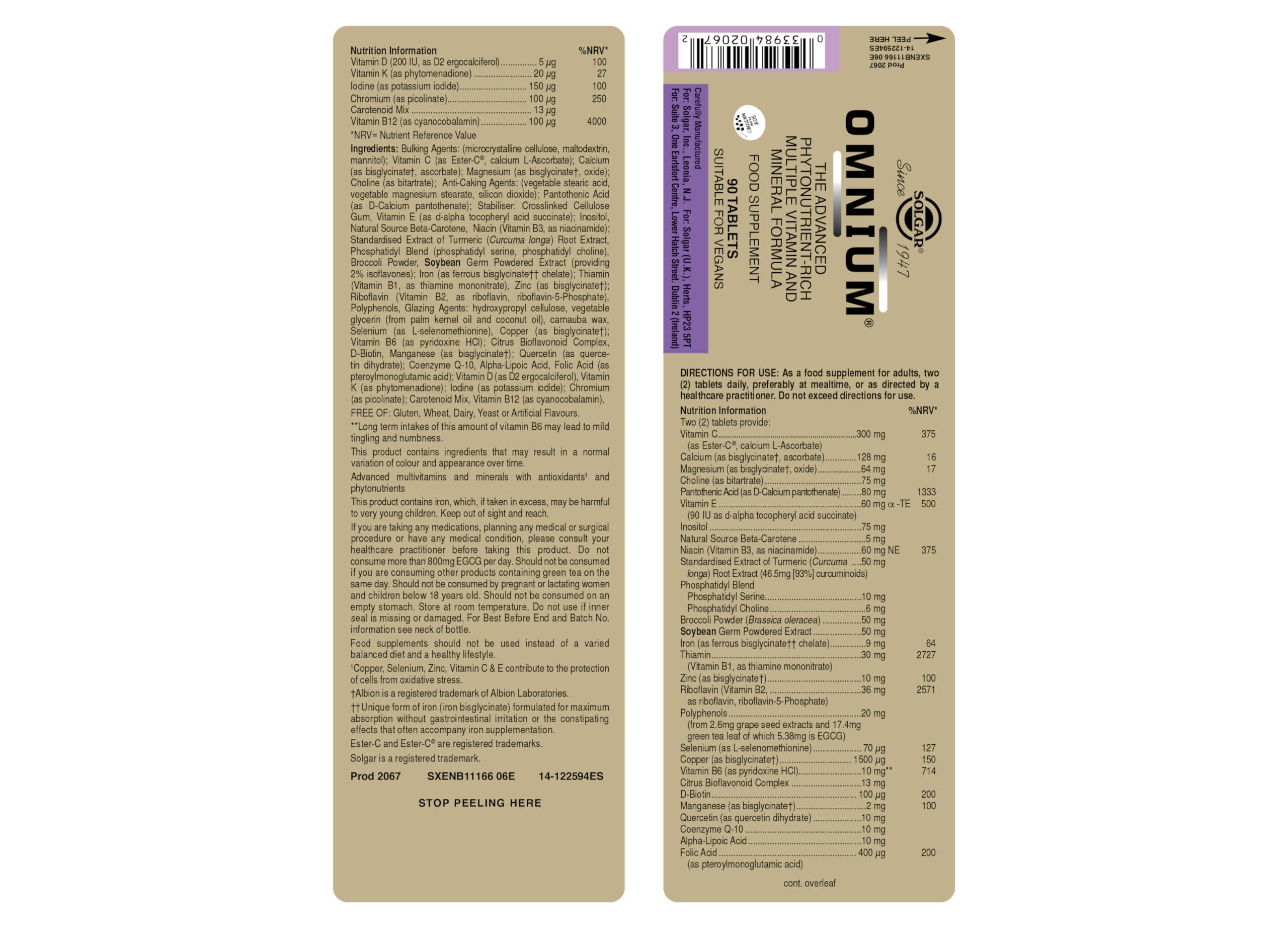 Solgar Solgar Omnium - 90 Tablets - Phytonutrient Complex + Multiple Vitamin & Mineral Formula - Non-GMO, Vegan, Gluten Free - 45 Servings