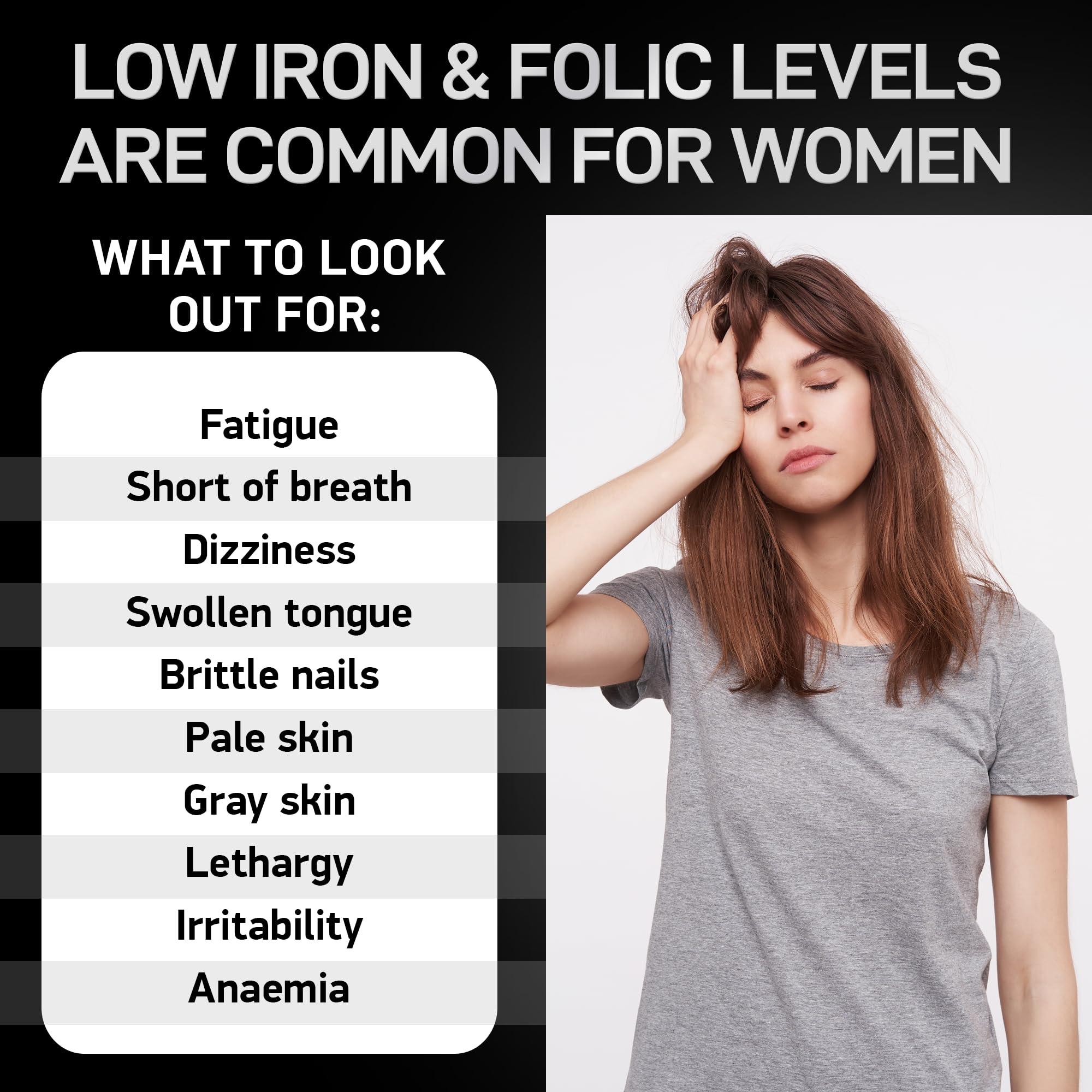 BIOACTIVE LABS Vegan Iron Supplements for Women with Folic Acid - 168% Folate Folic Acid, 194% Ferrous Sulfate Blood Builder with Anemia and Pregnant Women - 60 Gluten-Free Gentle Iron Tablets