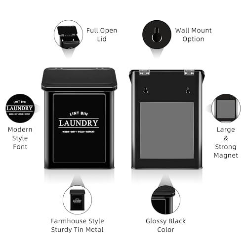 Candco Candco Magnetic Lint Bin for Laundry Room, Metal Lint Trash Can with Lid and Brush, Wall Mounted Lint Box for Dryer, Farmhouse Laundry Room Decor, Black