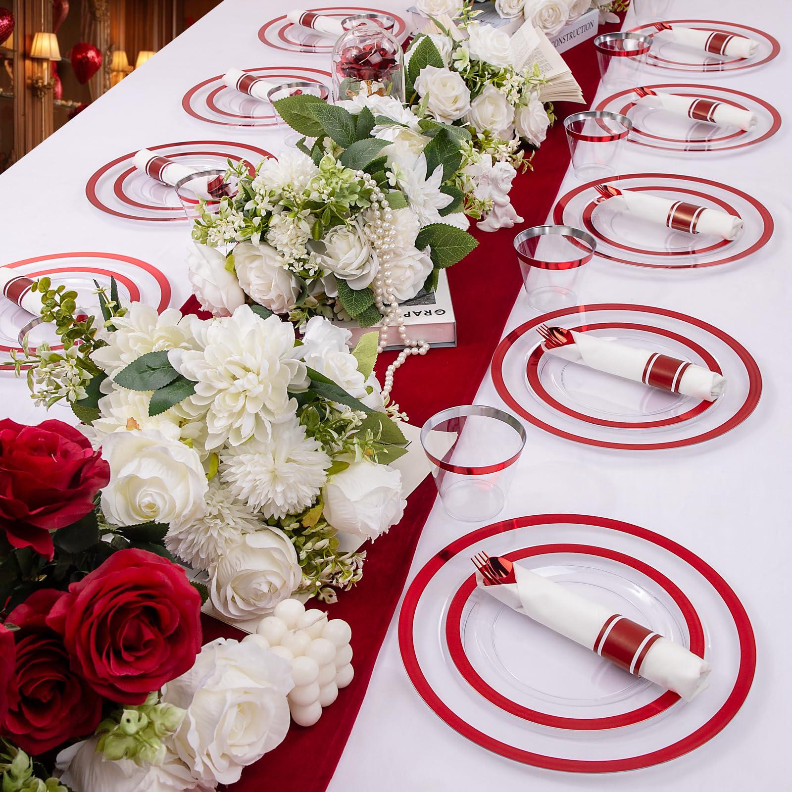 I00000 I00000 350 Pcs Clear and Red Plastic Plates,Valentines Disposable Dinnerware Set, Include 50 Dinner Plates 10.25\'\', 50 Dessert Plates 7.5\'\',50 Red Rim Cups,50 Per Rolled Napkins with Plastic Cutlery