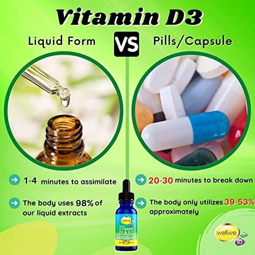 wellwe Liquid Vitamin D3 K2 Drops 5000 IU - Vegan, No Taste, No Odor, Soy-Free, Gluten Free, Non-GMO, 1000 IU per Drop, Boosts Energy Levels & Immune System, Supports Heart Health (5 Pack)