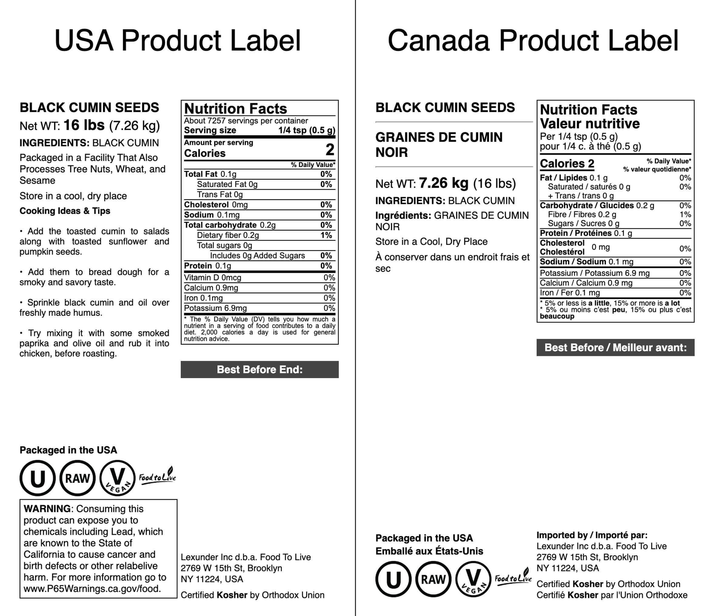 Food to Live Food to Live - Black Cumin Seeds, 16 Pounds  Whole Raw Seeds, Bulk Spice, Vegan. High in Iron, Calcium and Magnesium. Pairs well with Vegetables