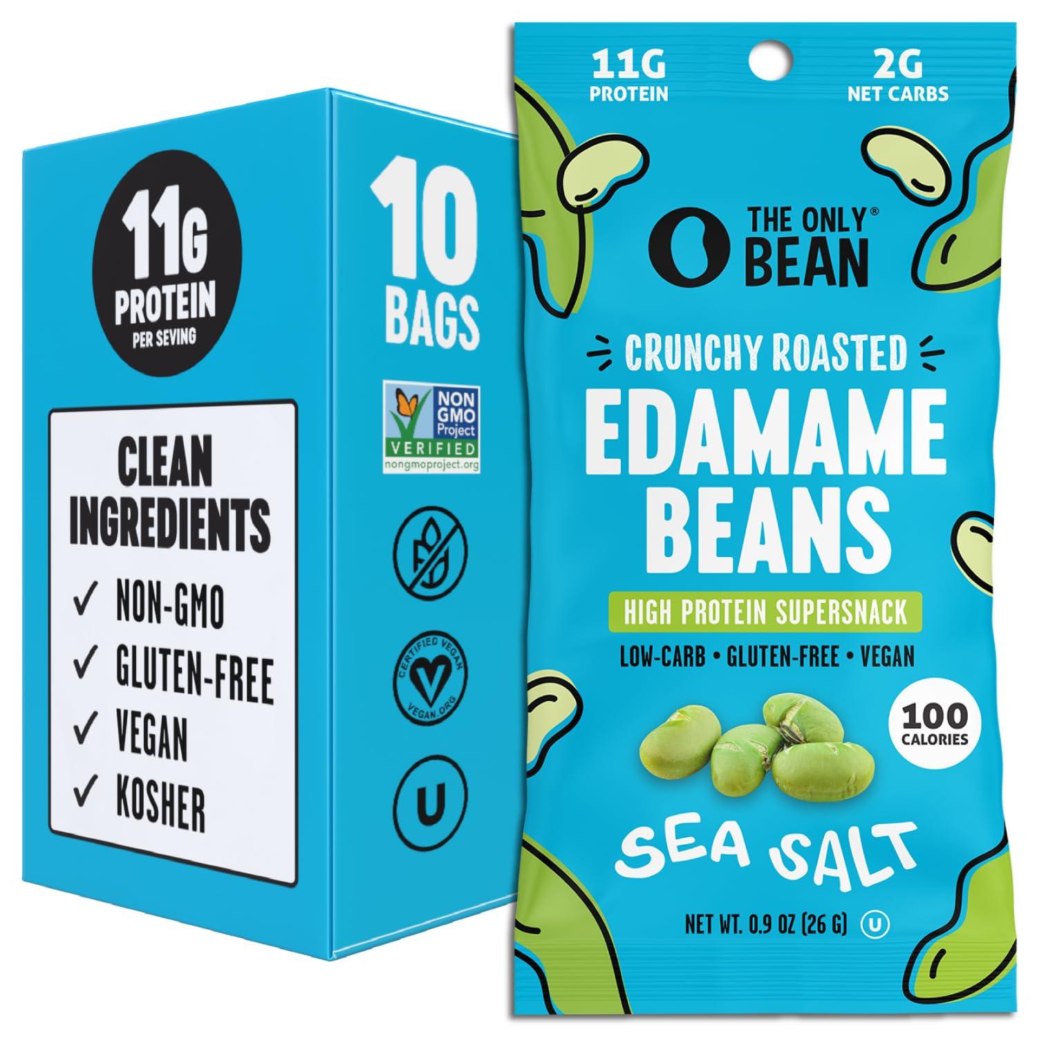 The Only Bean The Only Bean Crunchy Dry Roasted Edamame Snacks (Sea Salt), Keto Snack Food, High Protein (11g) Healthy Snacks, Low Carb Gluten Free Office Vegan Food 100 Calorie Snack Pack, 0.9oz 10 Pack