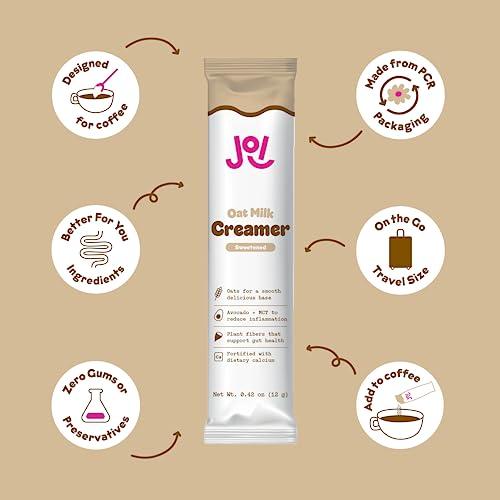 JOI Oat Milk Coffee Creamer, Sweetened 10ct Carton by JOI - Superfood, Vegan, Dairy Free, Plant Based, Kosher, Shelf-Stable, Barista, Fortified with Calcium. Use in Coffee or Protein Shakes. Single Serve.