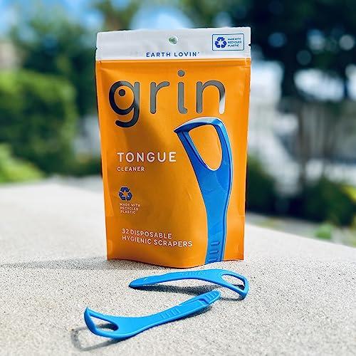 Grin GRIN Tongue Cleaner, 32 Count, Disposable Tongue Cleaner, Hygienic Scraper, Recycled Plastic, Clean Tongue, Promote Fresh Breath, Includes Safe Fold- Back Tooth Pick
