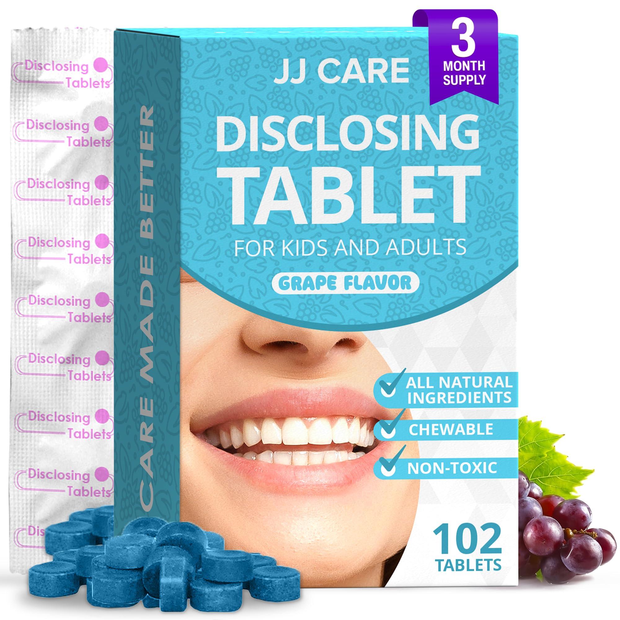 JJ CARE JJ Care Disclosing Tablets for Teeth- 102 Count Grape Flavored Plaque Disclosing Tablets for Kids and Adults, 3 Month Supply of Teeth Coloring, Individually Wrapped Plaque Tablets