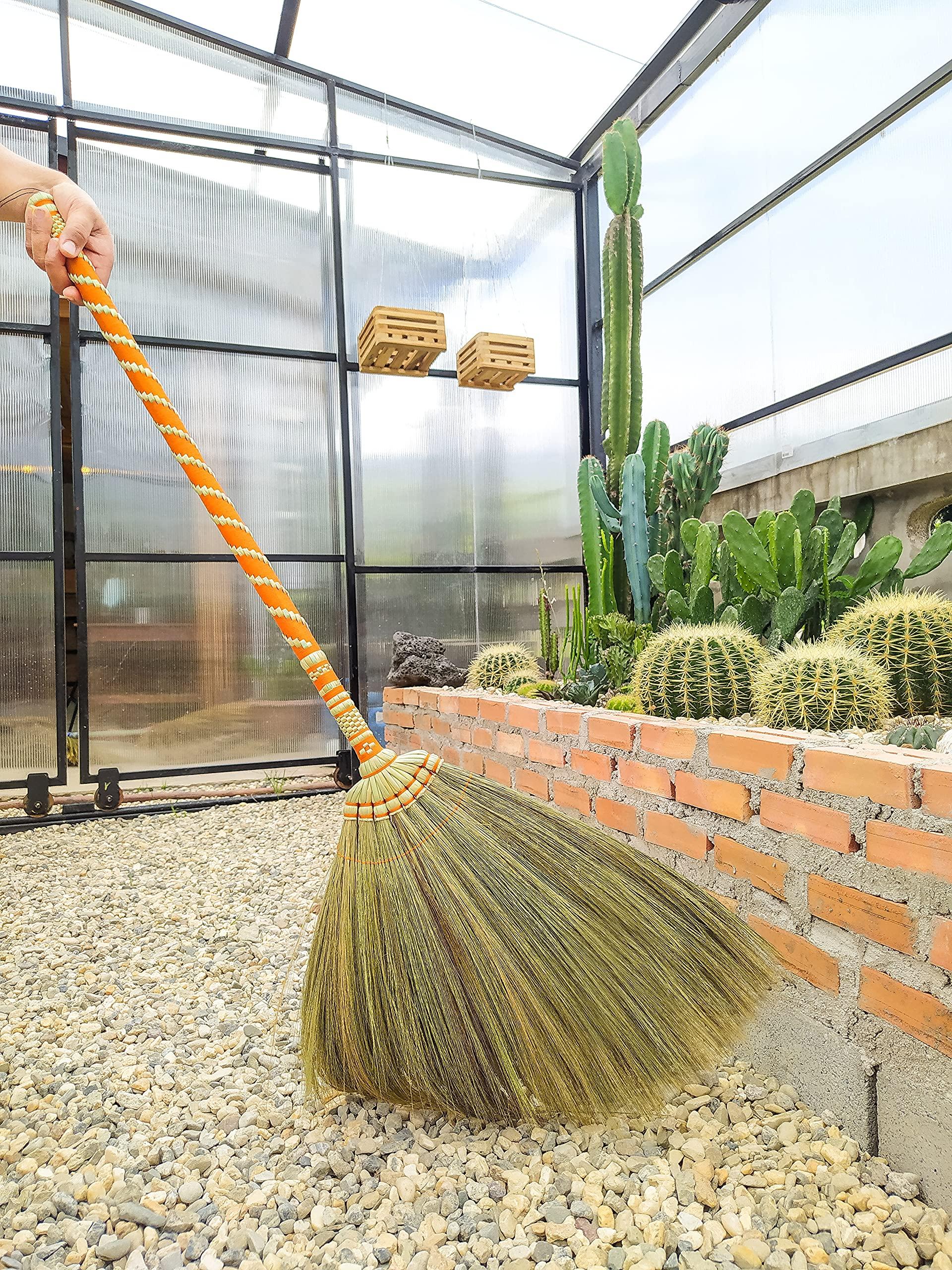 AW BROOMS Asian Straw Broom Thai for Cleaning Floor,Housewarming Gift,Thai Vintage Retro Grass Broom Stick, Hardwood Sweeper with Brush Power and Circle Cleaning ( Length 40 inch )