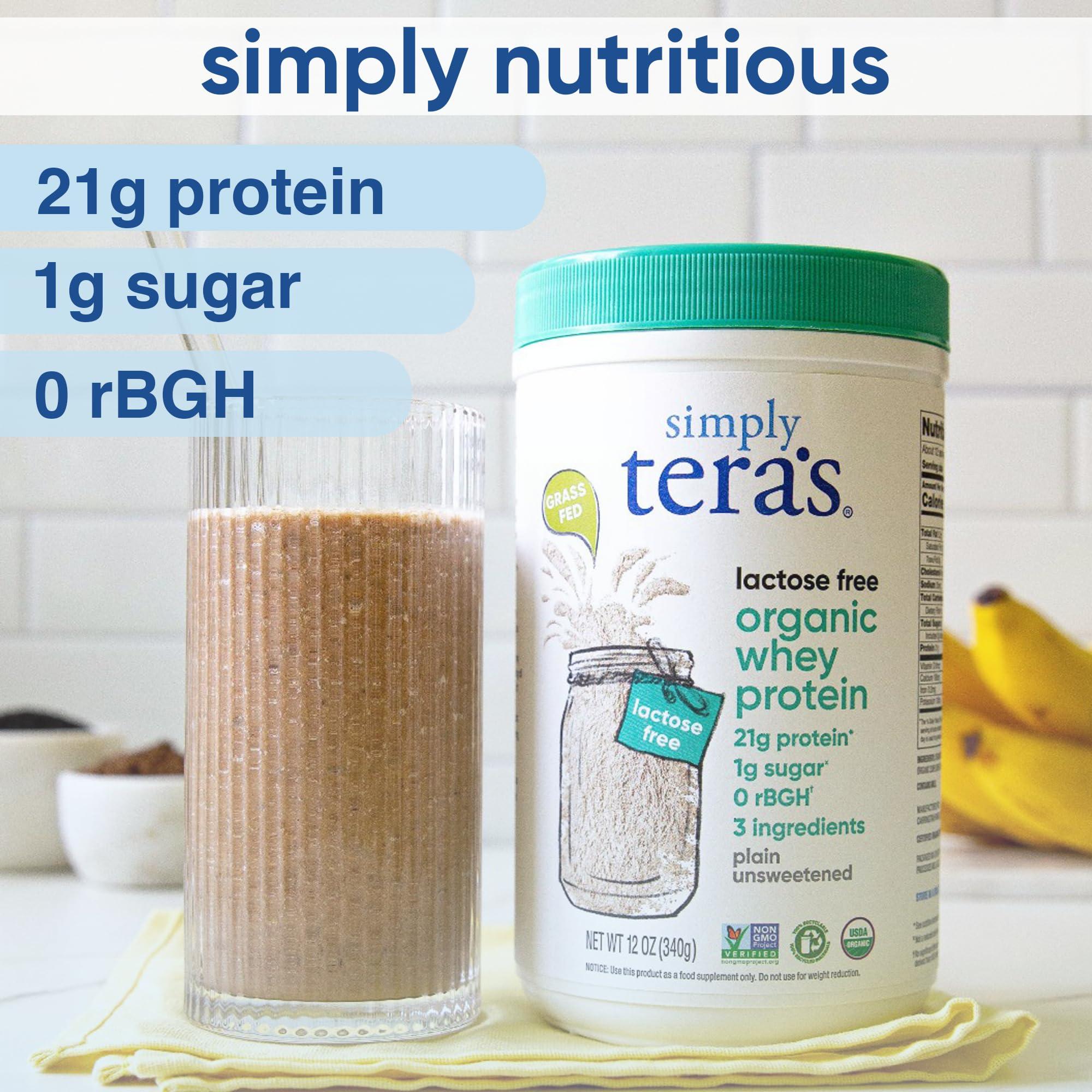 teraswhey Simply tera\'s Lactose Free Organic Whey Protein - Unflavored Protein Powder, Plain Tasteless Protein Powder with 21g of Protein Per Serving, Non-GMO, Gluten-Free, rBGH-Free, Kosher, Organic - 12 Oz