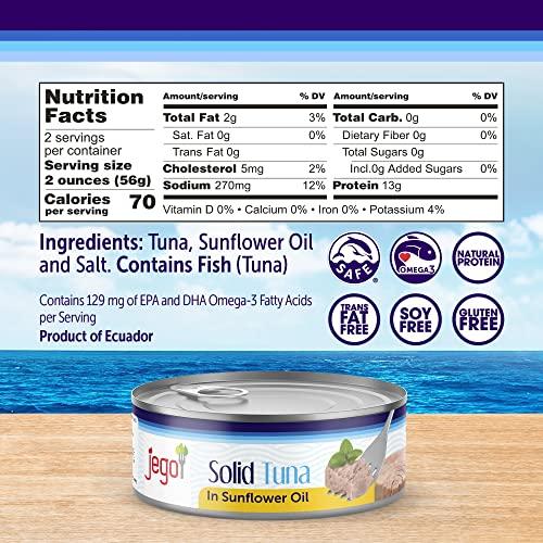 JEGO Jego Solid Tuna in Sunflower Oil | Wild Natural Catch Tuna | Keto | Low Carb | Gluten Free | Soy Free | Canned | Ready to eat | Pack of 3 | 5oz can