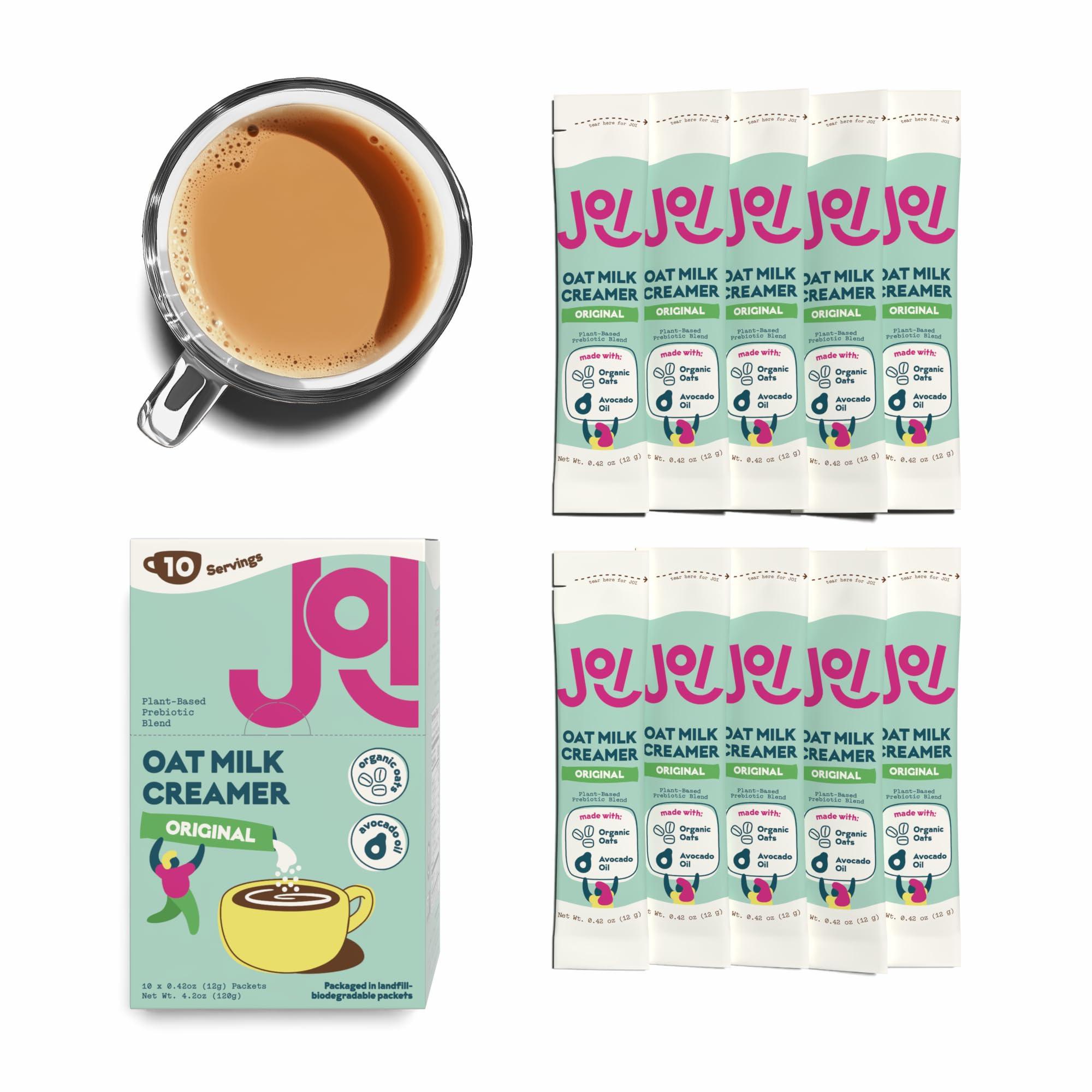 JOI Oat Milk Coffee Creamer, Sweetened 10ct Carton by JOI - Superfood, Vegan, Dairy Free, Plant Based, Kosher, Shelf-Stable, Barista, Fortified with Calcium. Use in Coffee or Protein Shakes. Single Serve.