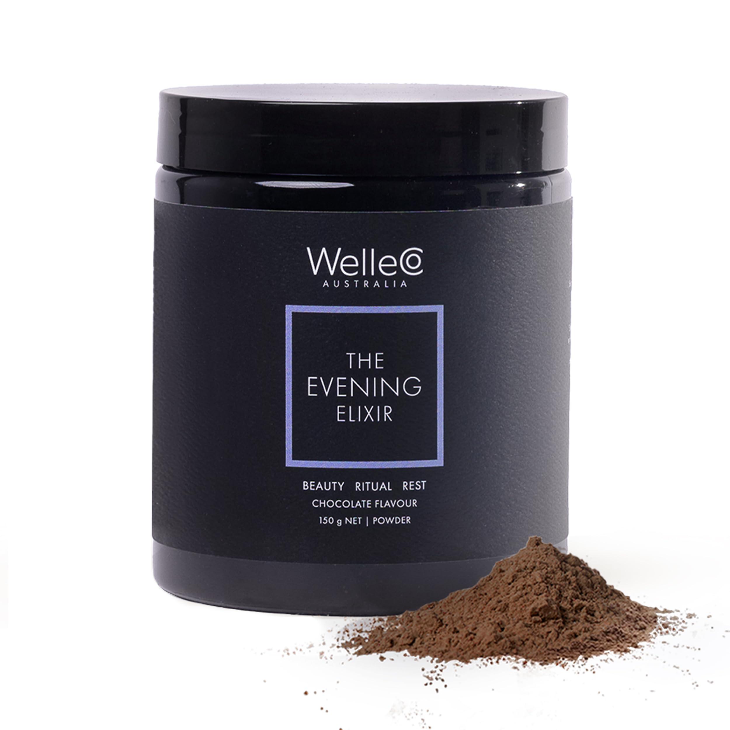 WelleCo WelleCo The Evening Elixir Skin Care Vitamin C Hot Chocolate Beauty Drink Mix with Niacin, Lemon Balm, and Magnesium for Sleep, Collagen Formation, Gluten Free, Vegan, Dairy Free, 150g (5.3oz) Jar