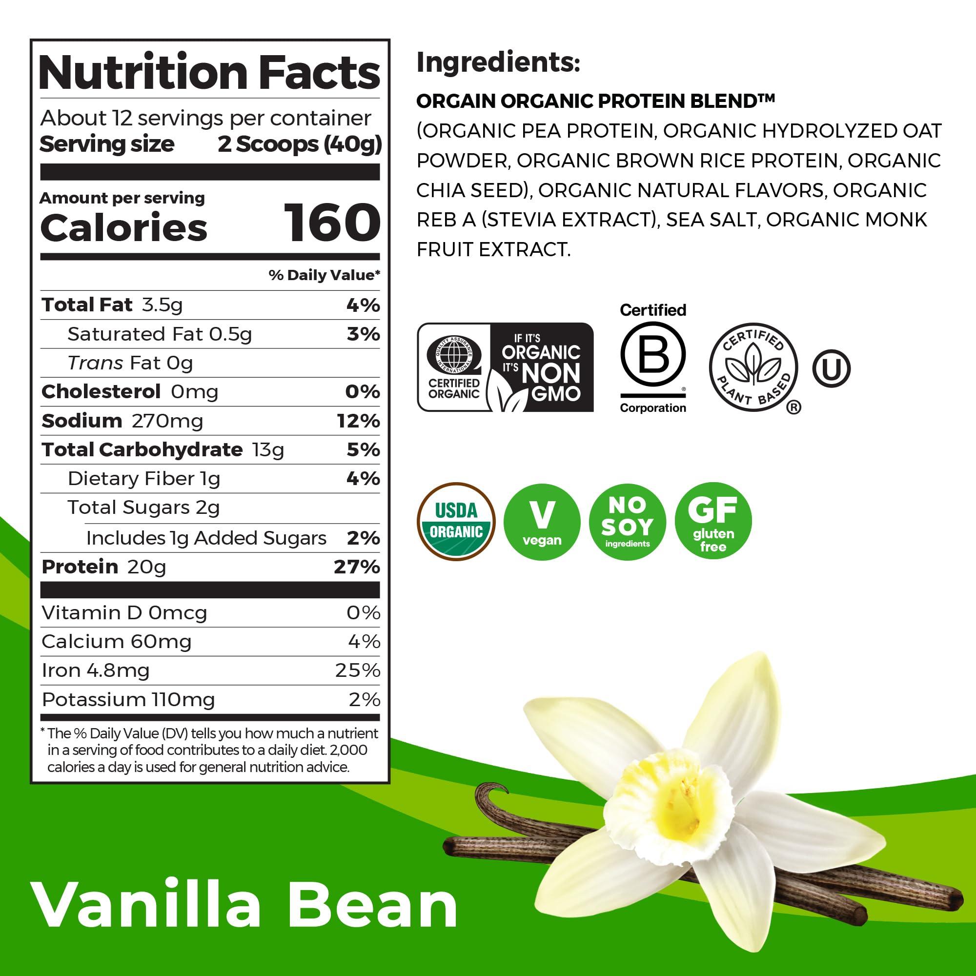 Orgain Orgain Organic Vegan Protein Powder + Oat Milk, Vanilla Bean - 20g Plant Based Protein, Gluten Free, No Dairy, Soy or Lactose Ingredients, Low Sugar, Non-GMO, Kosher, For Shakes & Smoothies - 1.05lb