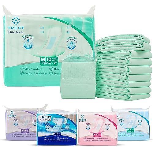 Trest TREST Elite Briefs for Men and Women, Overnight Diapers for Incontinence, Elite Absorbency, Comfortable, Odor Neutralizing and Secure Fit with 2 Wide Tabs - Green, Medium (Pack of 10)