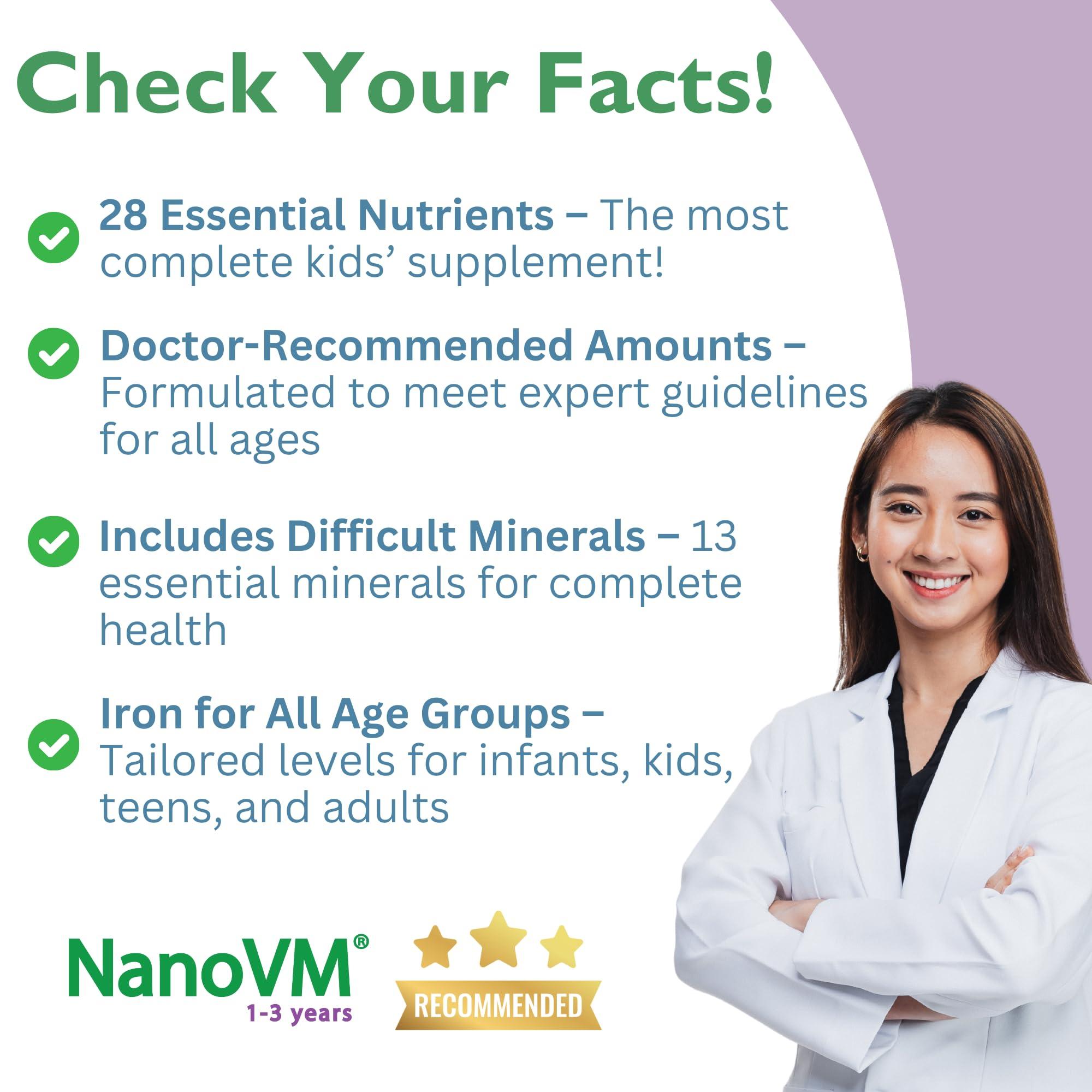 NanoVM NanoVM 1-3 Years, Allergen-Free Multivitamin for Kids, Unflavored Dietary Supplement, Powdered Supplement with 14 Vitamins & 13 Minerals, Low-Carbohydrate Toddler Vitamins, 275g - Solace Nutrition