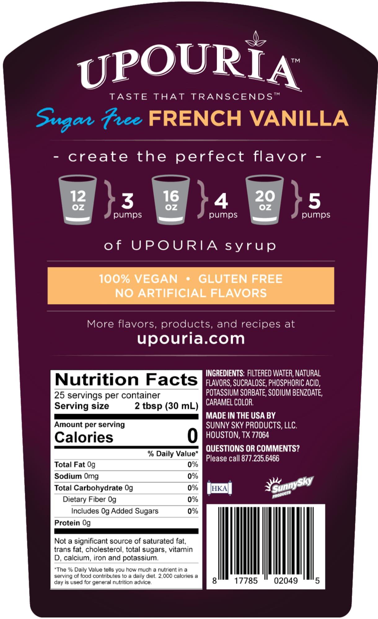 Sunny Sky Upouria Coffee Syrup Sugar Free Variety Pack: French Vanilla, Caramel and Hazelnut, 100% Vegan, Gluten Free, Kosher, Keto, 750 mL Bottle (Pack of 3) - Pump Sold Separately