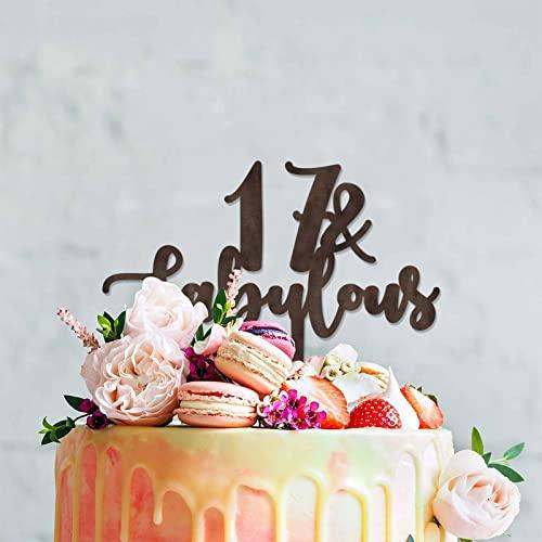 WengBeauty 17 & Fabulous Cake Toppers Brown Wood 17th Birthday Party Decorations Happy Birthday Cake Topper Customized Age Birthday Cake Decoration Birthday Cake for Birthday Party Decoration Ideas