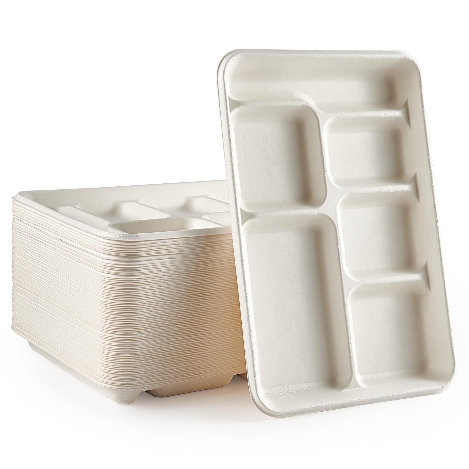 Vplus Vplus 100% Compostable 6 Compartment Plates, 90 Pack Compartment Paper Plate, 12.5 * 8.6 inch Disposable School Lunch Trays, Eco-Friendly Bagasse Plates for School Lunch, Buffet, and Party